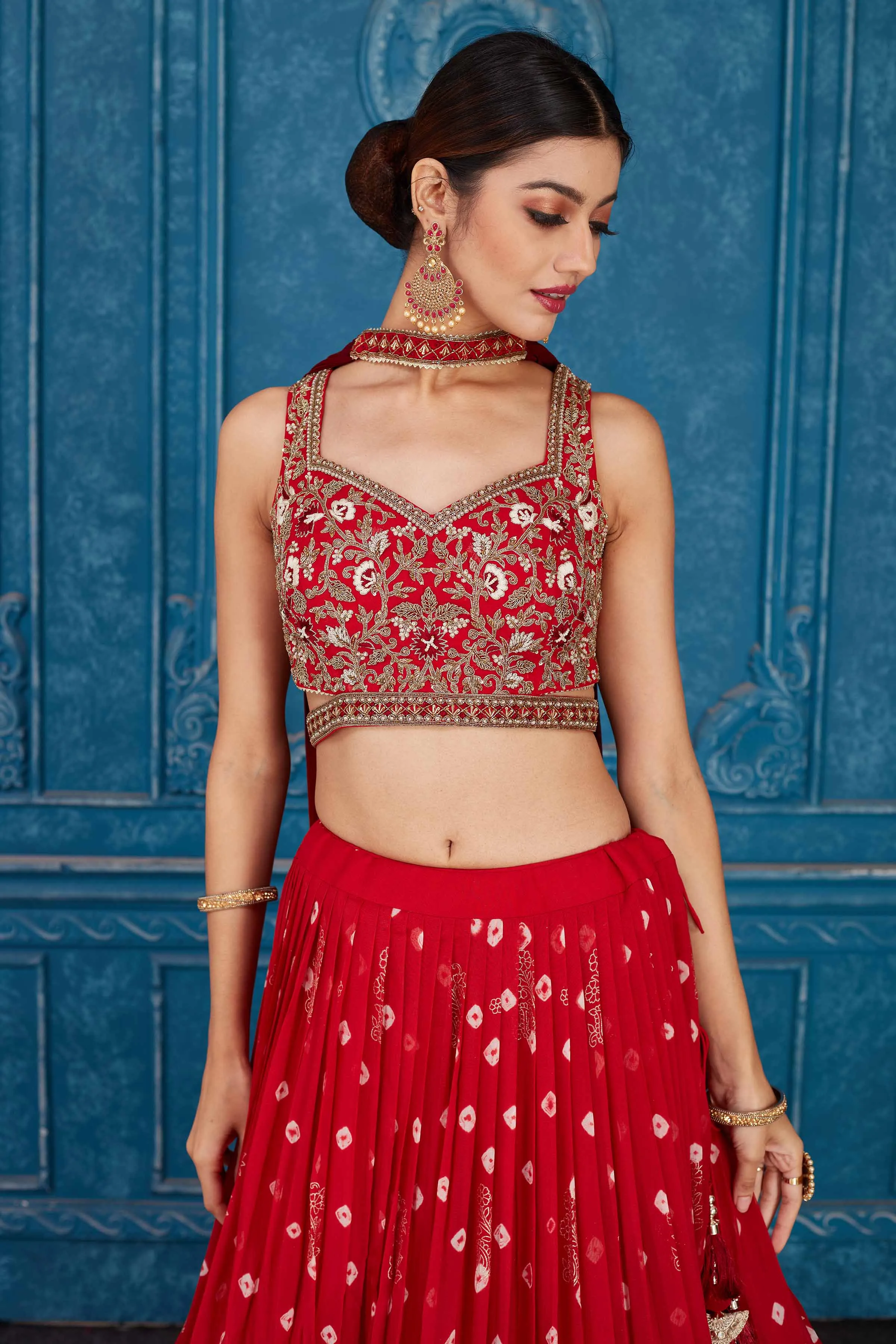 510081 Ombre Red Embroidered Georgette Lehenga with Dupatta