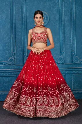 510081 Ombre Red Embroidered Georgette Lehenga with Dupatta