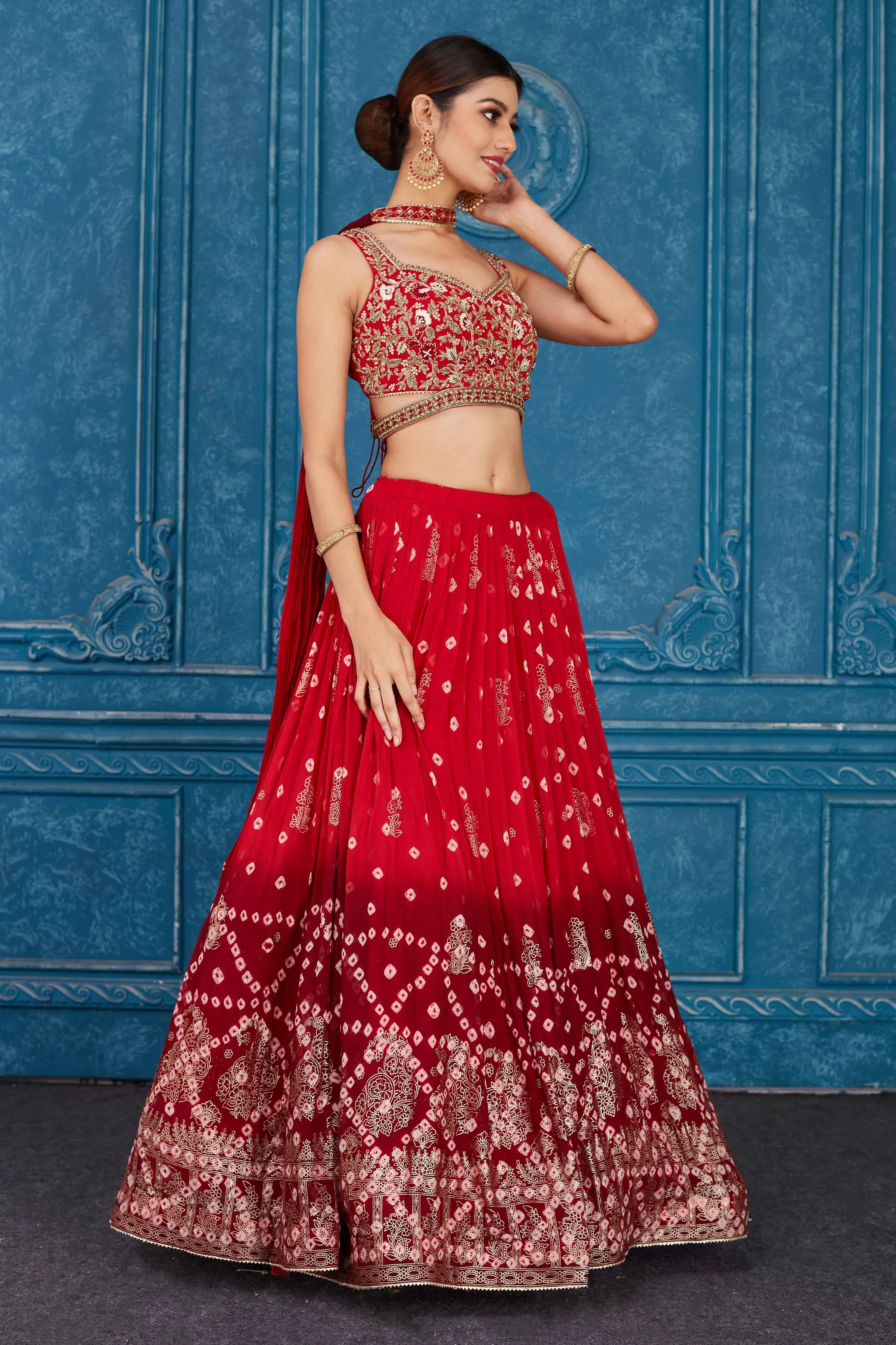 510081 Ombre Red Embroidered Georgette Lehenga with Dupatta