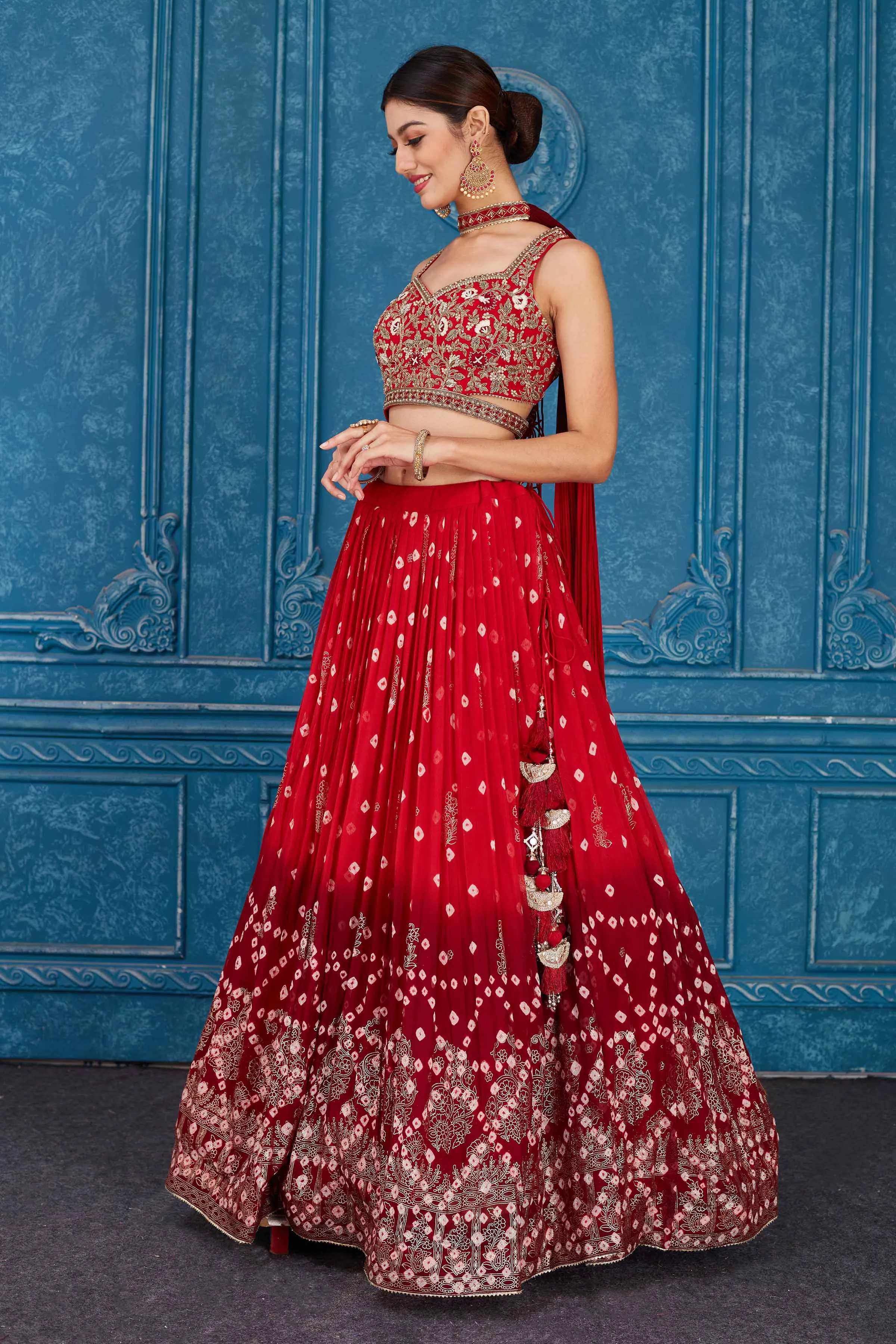 510081 Ombre Red Embroidered Georgette Lehenga with Dupatta