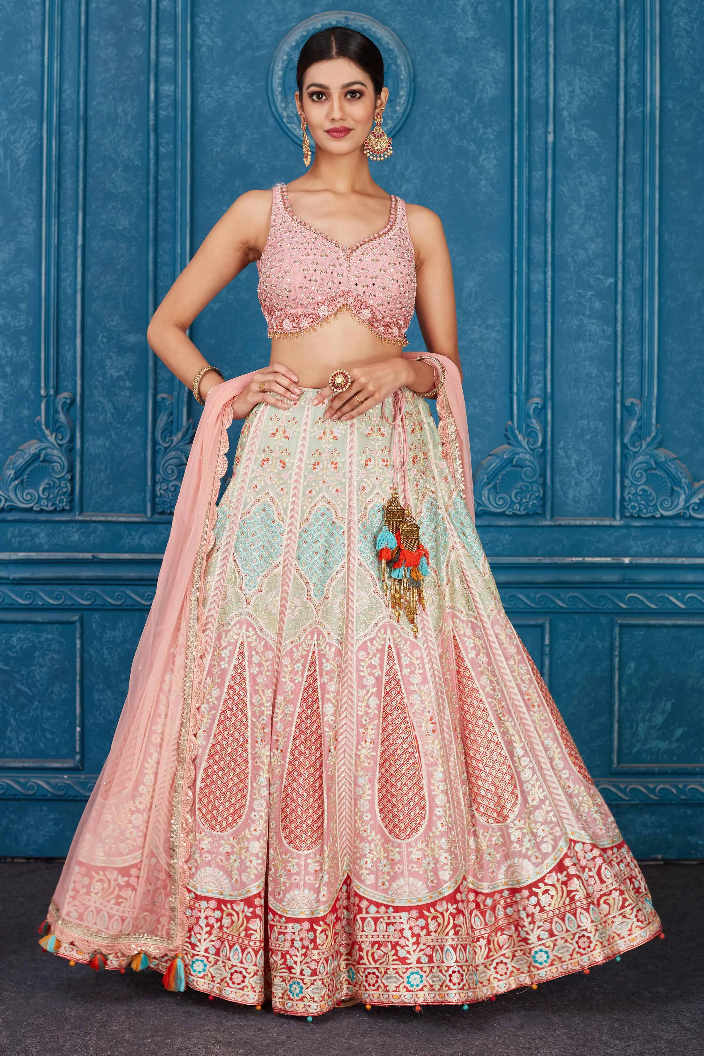 510082 Powder Pink Silk Heavy Bridal Lehenga with Dupatta