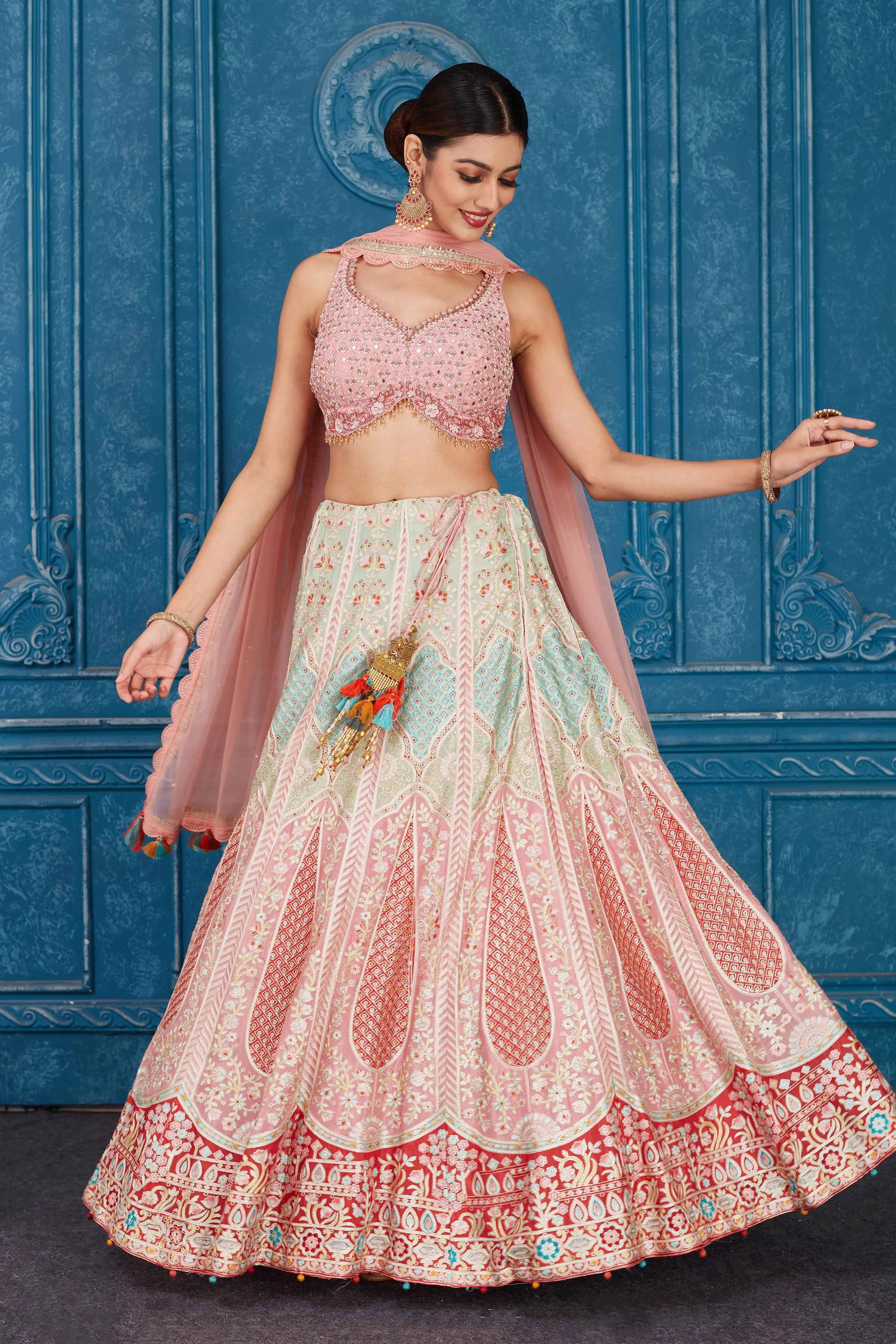 510082 Powder Pink Silk Heavy Bridal Lehenga with Dupatta