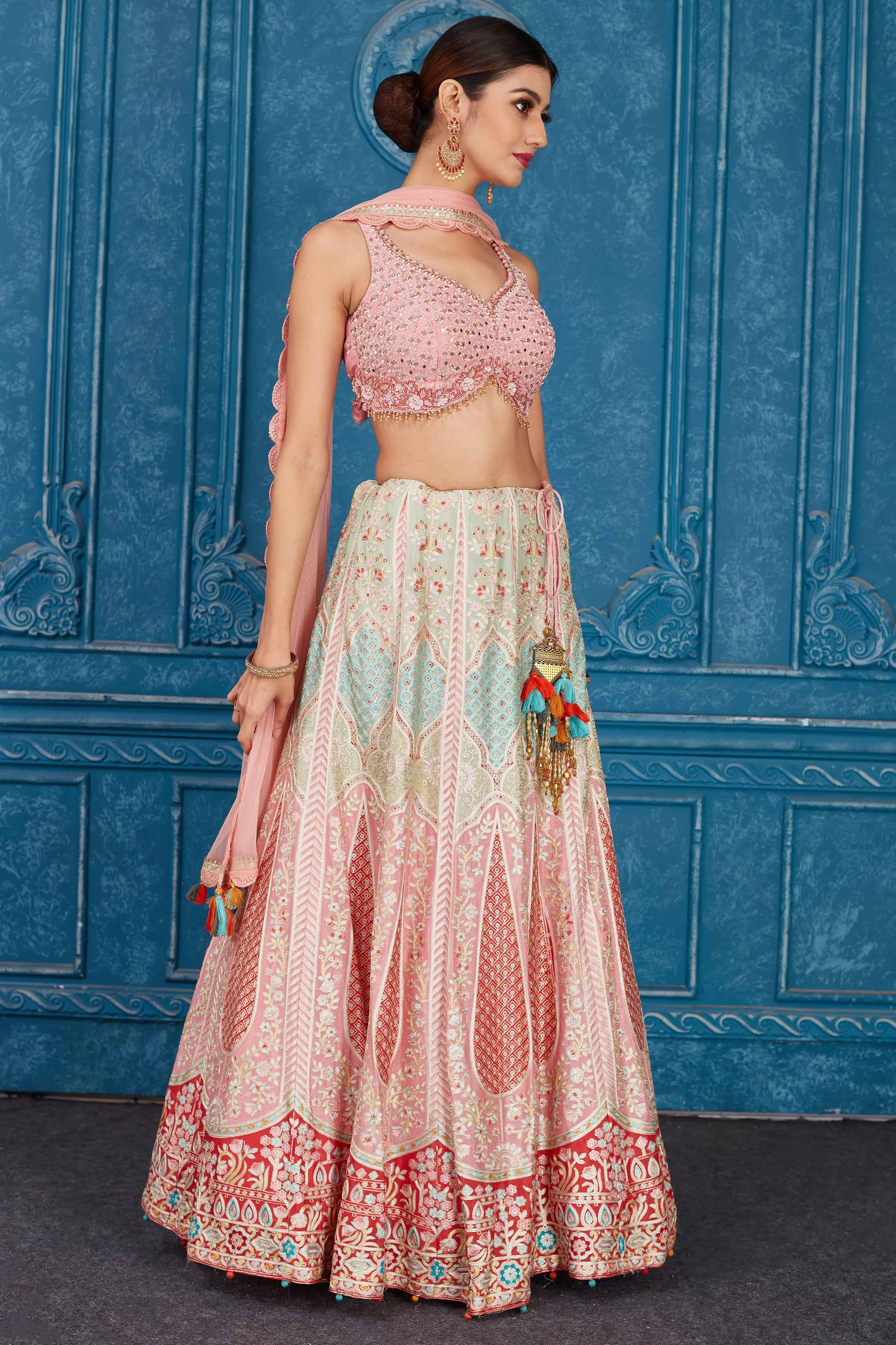 510082 Powder Pink Silk Heavy Bridal Lehenga with Dupatta