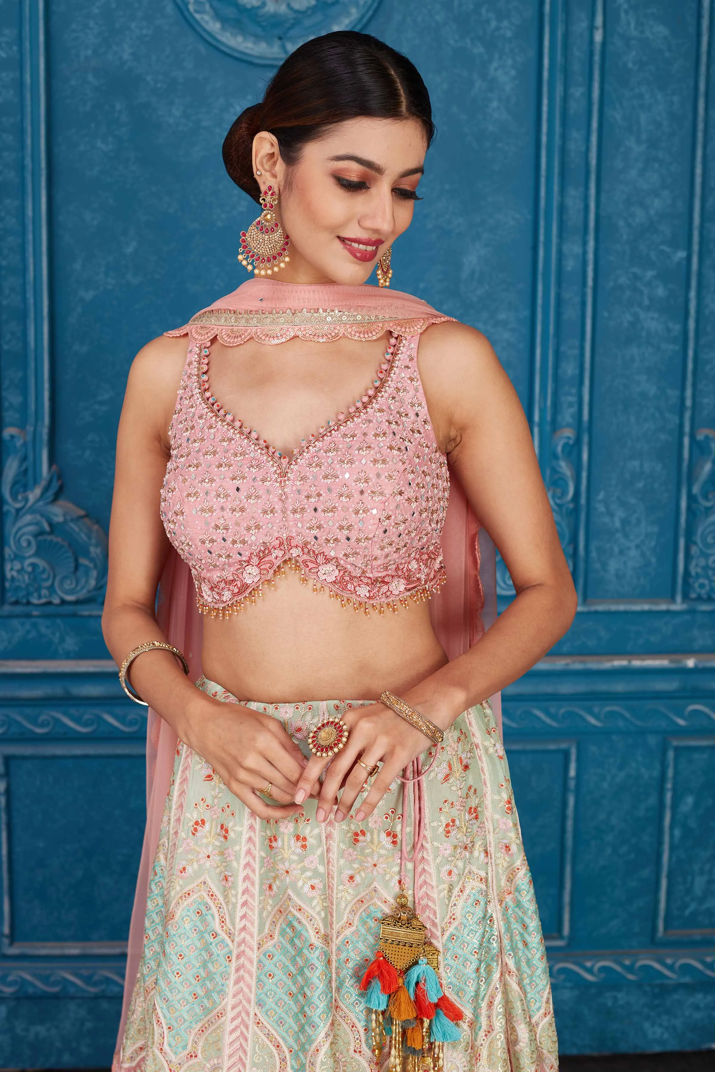 510082 Powder Pink Silk Heavy Bridal Lehenga with Dupatta