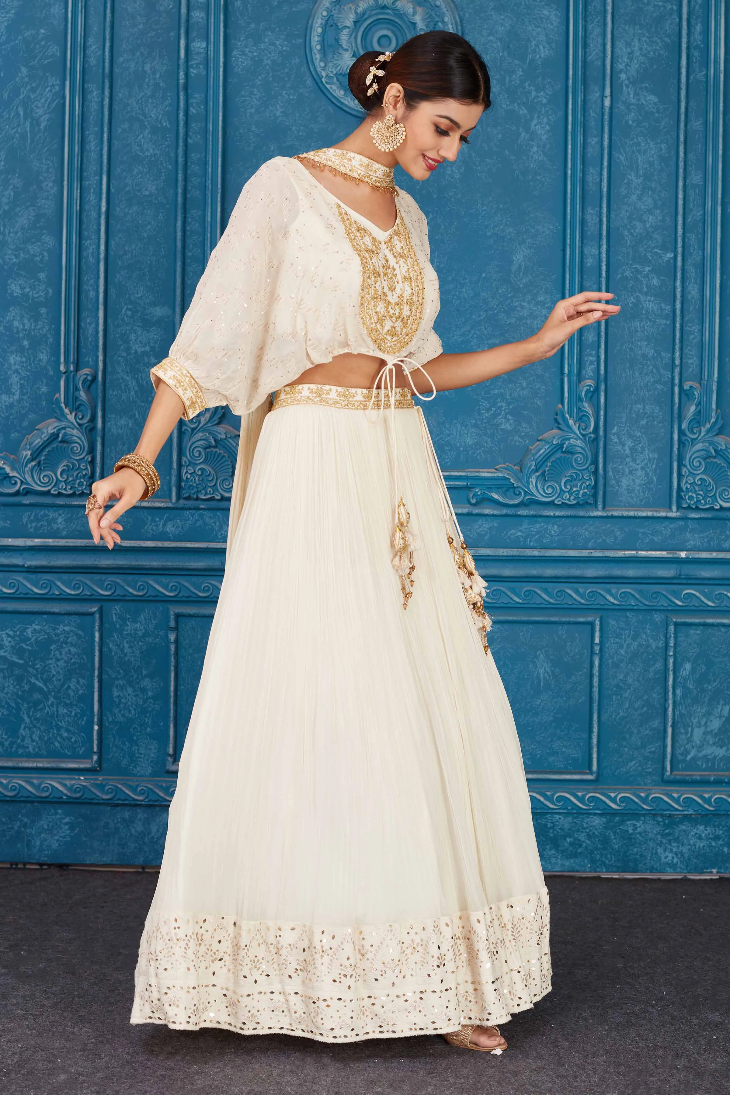 510083 Cream Embroidered Georgette Lehenga with Dupatta