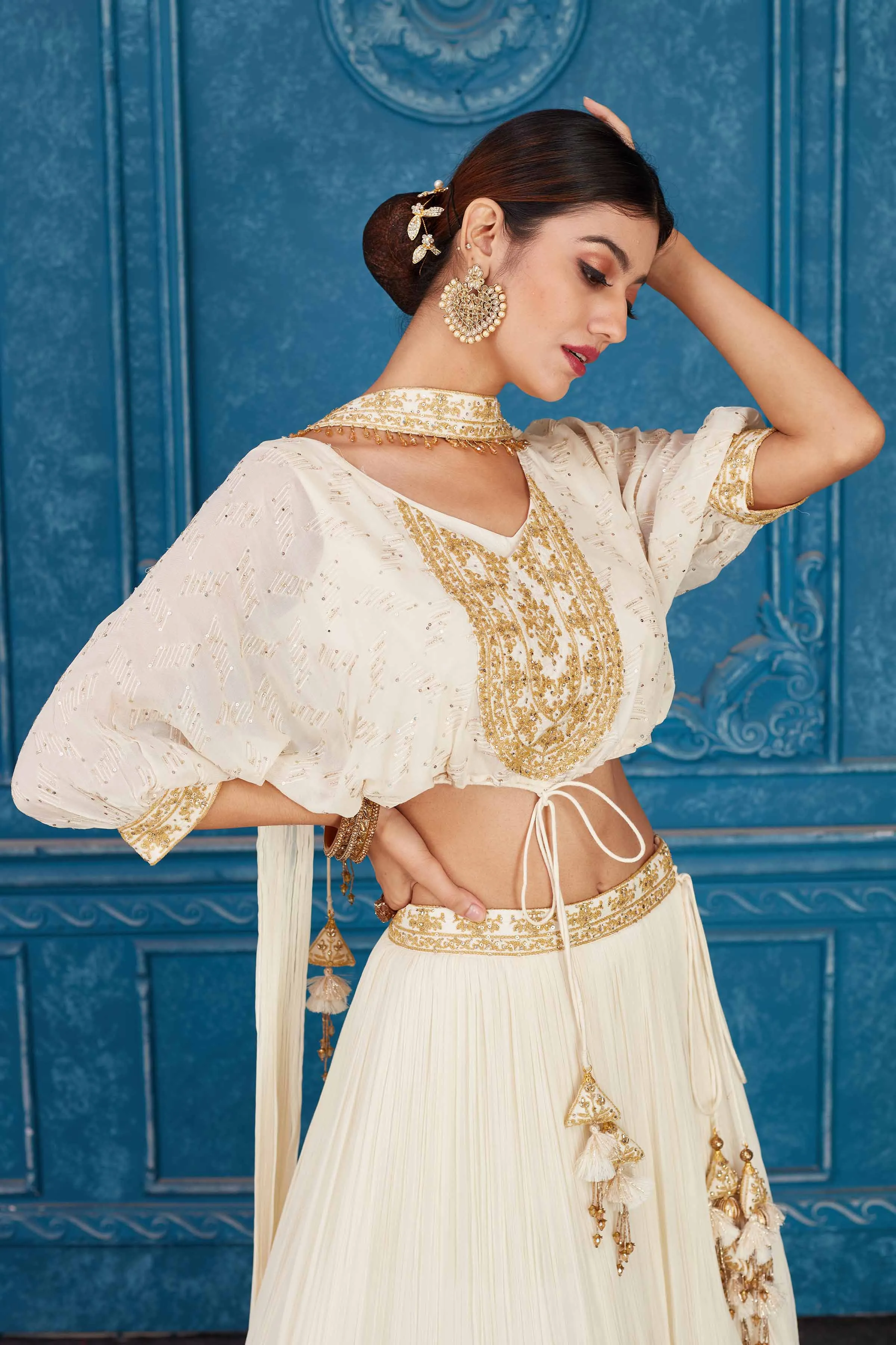 510083 Cream Embroidered Georgette Lehenga with Dupatta