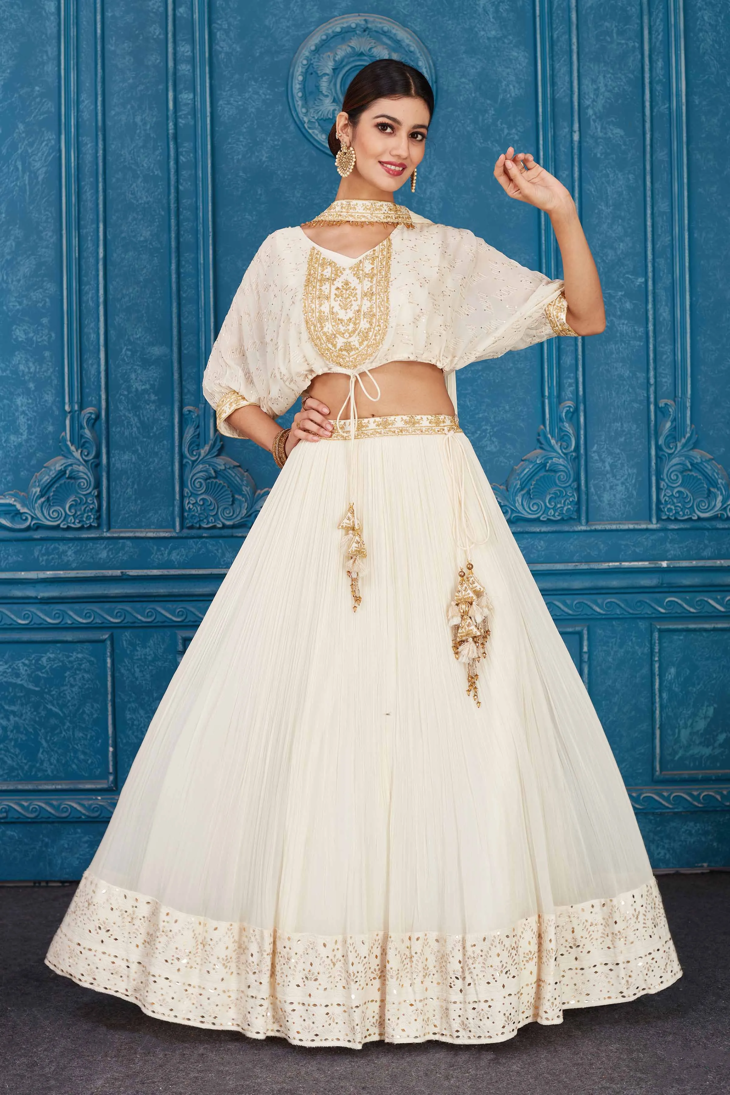 510083 Cream Embroidered Georgette Lehenga with Dupatta