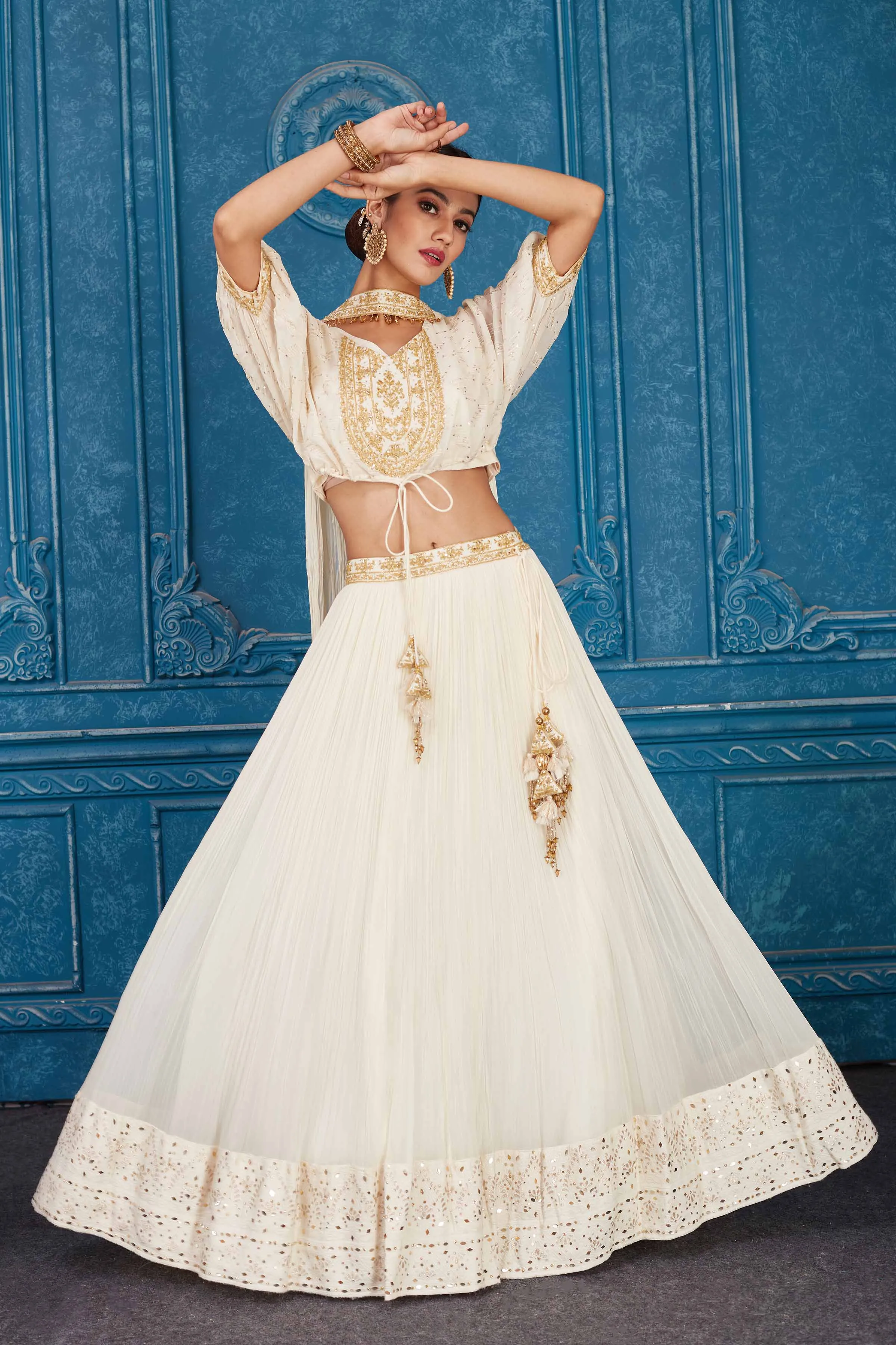 510083 Cream Embroidered Georgette Lehenga with Dupatta