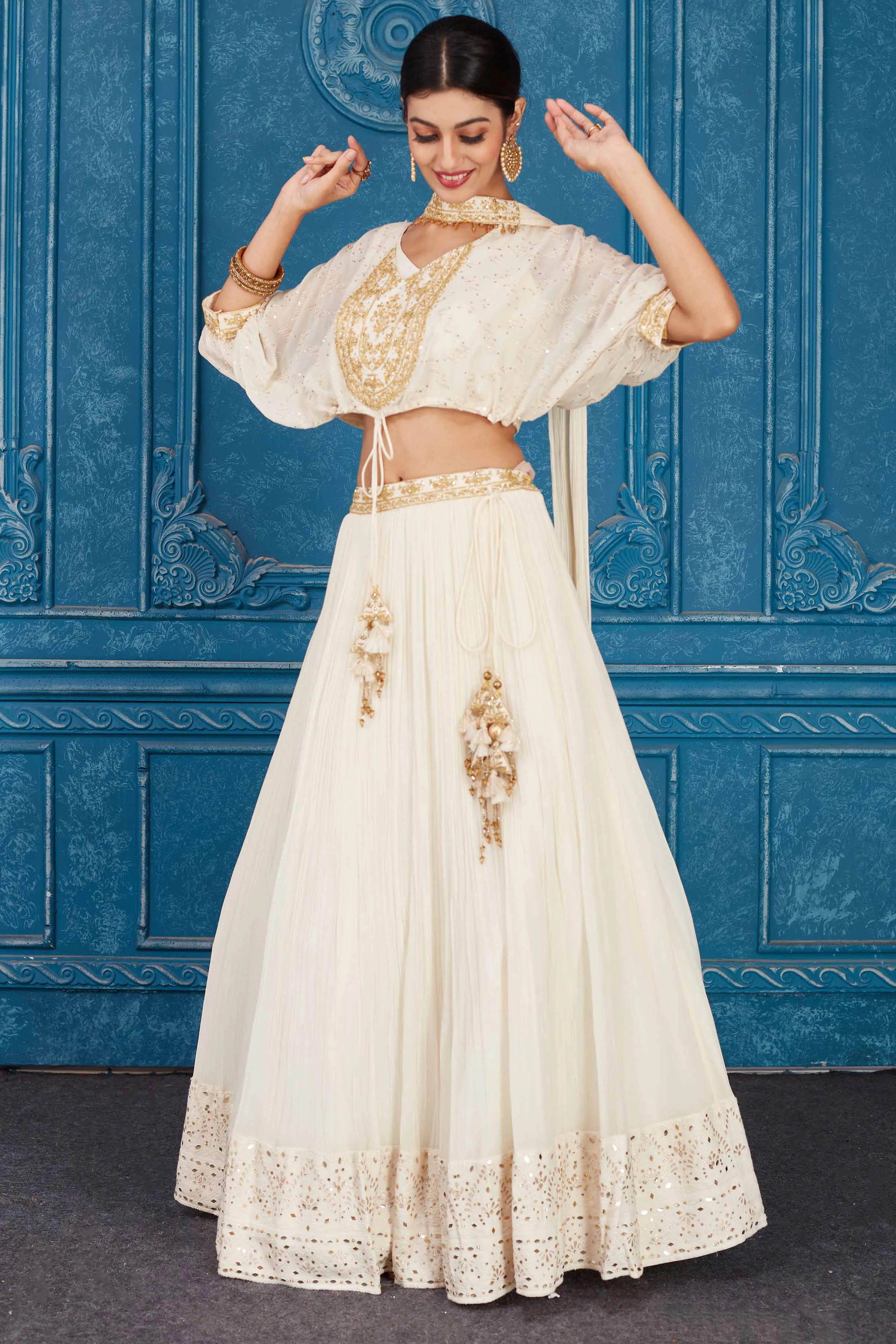 510083 Cream Embroidered Georgette Lehenga with Dupatta