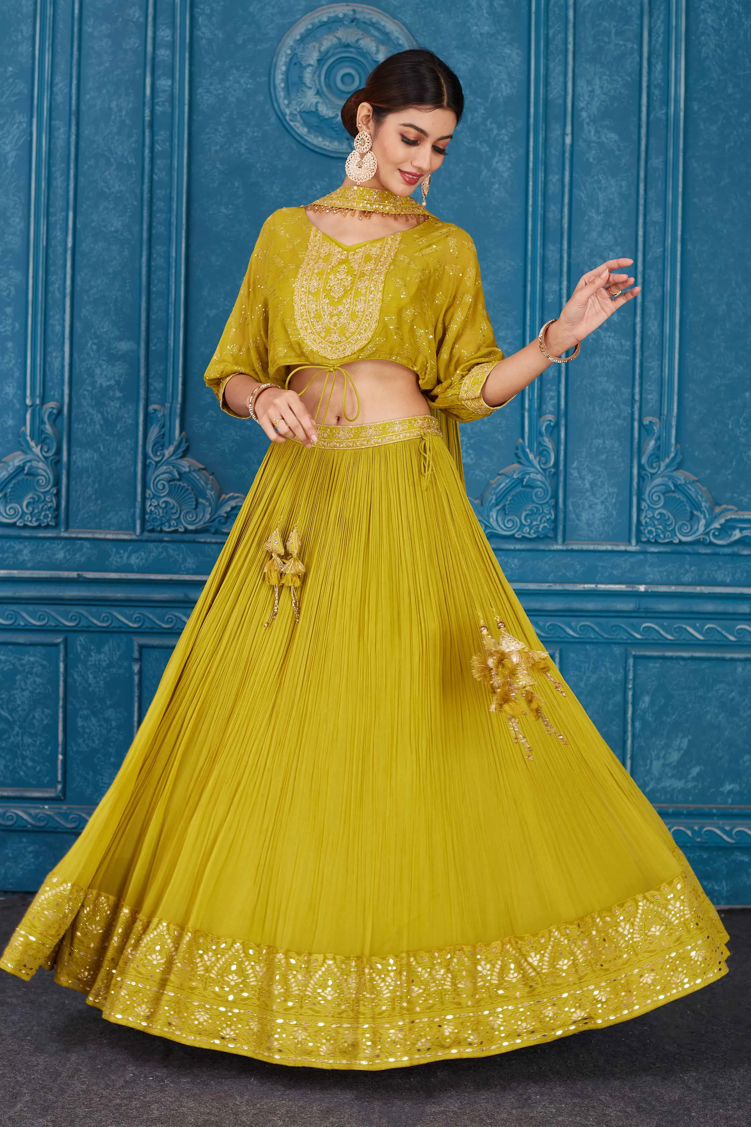 510084 Olive Green Embroidered Georgette Lehenga with Dupatta