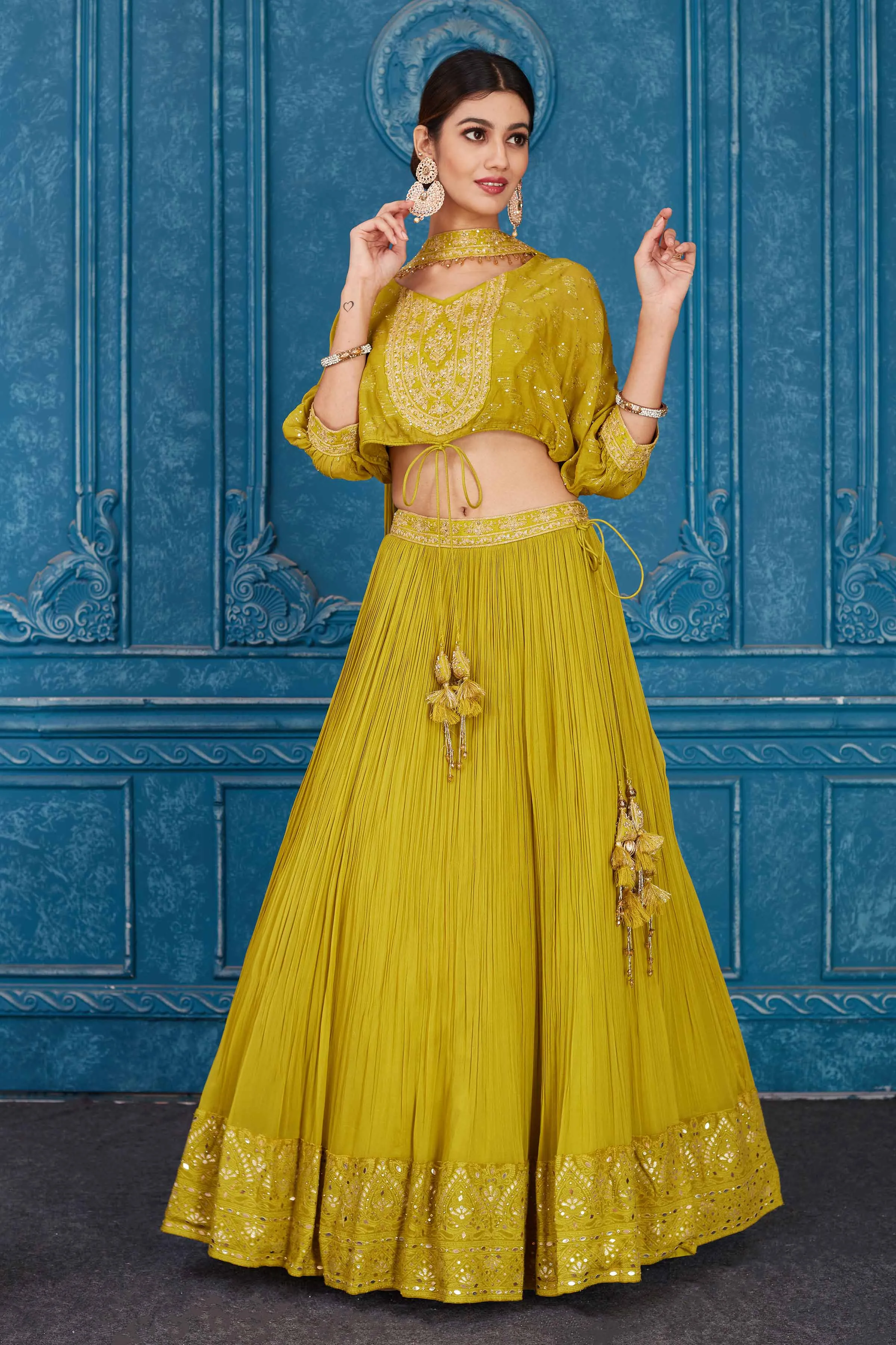 510084 Olive Green Embroidered Georgette Lehenga with Dupatta