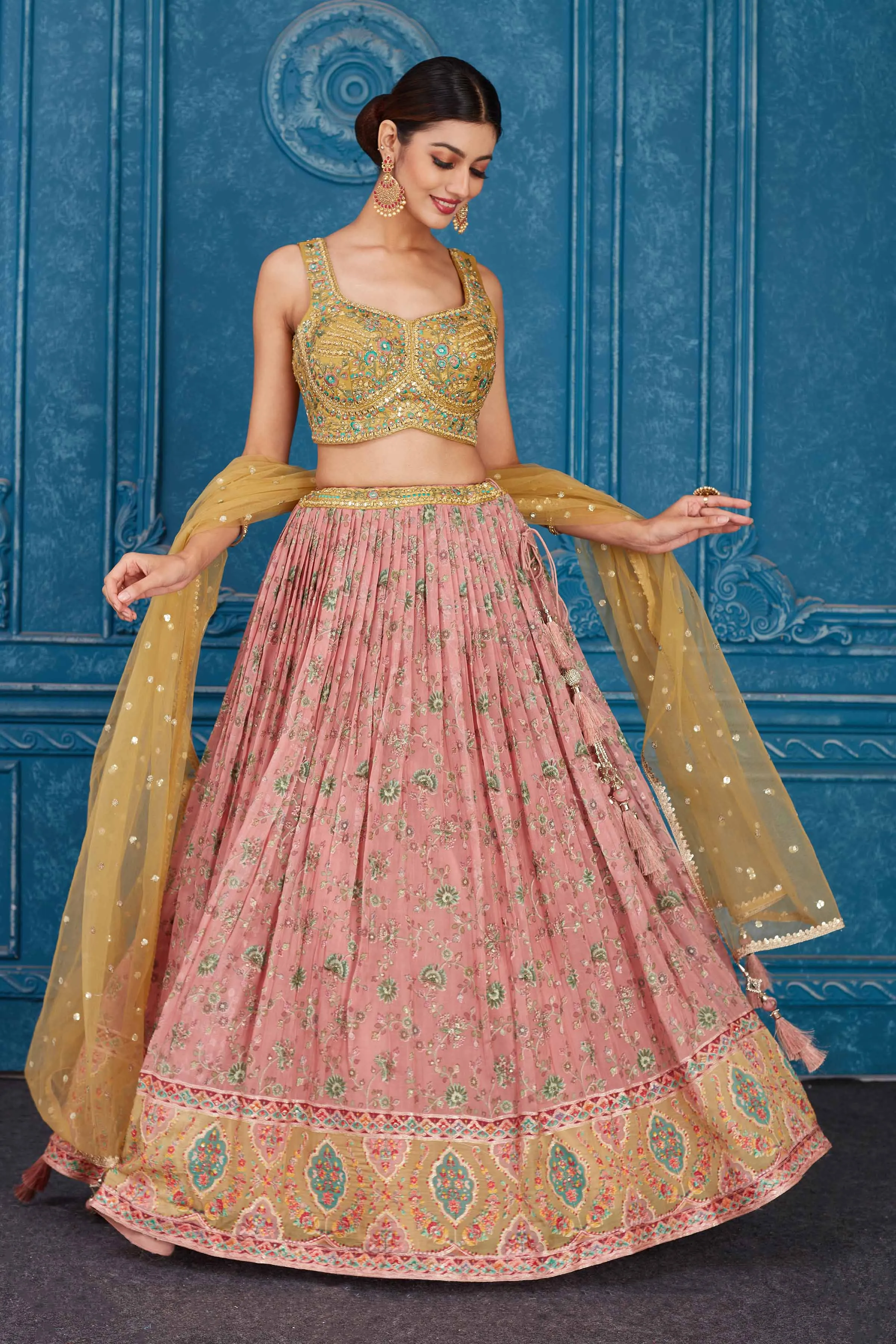 510085 Mustard and Pink Floral Embroidered Georgette Lehenga