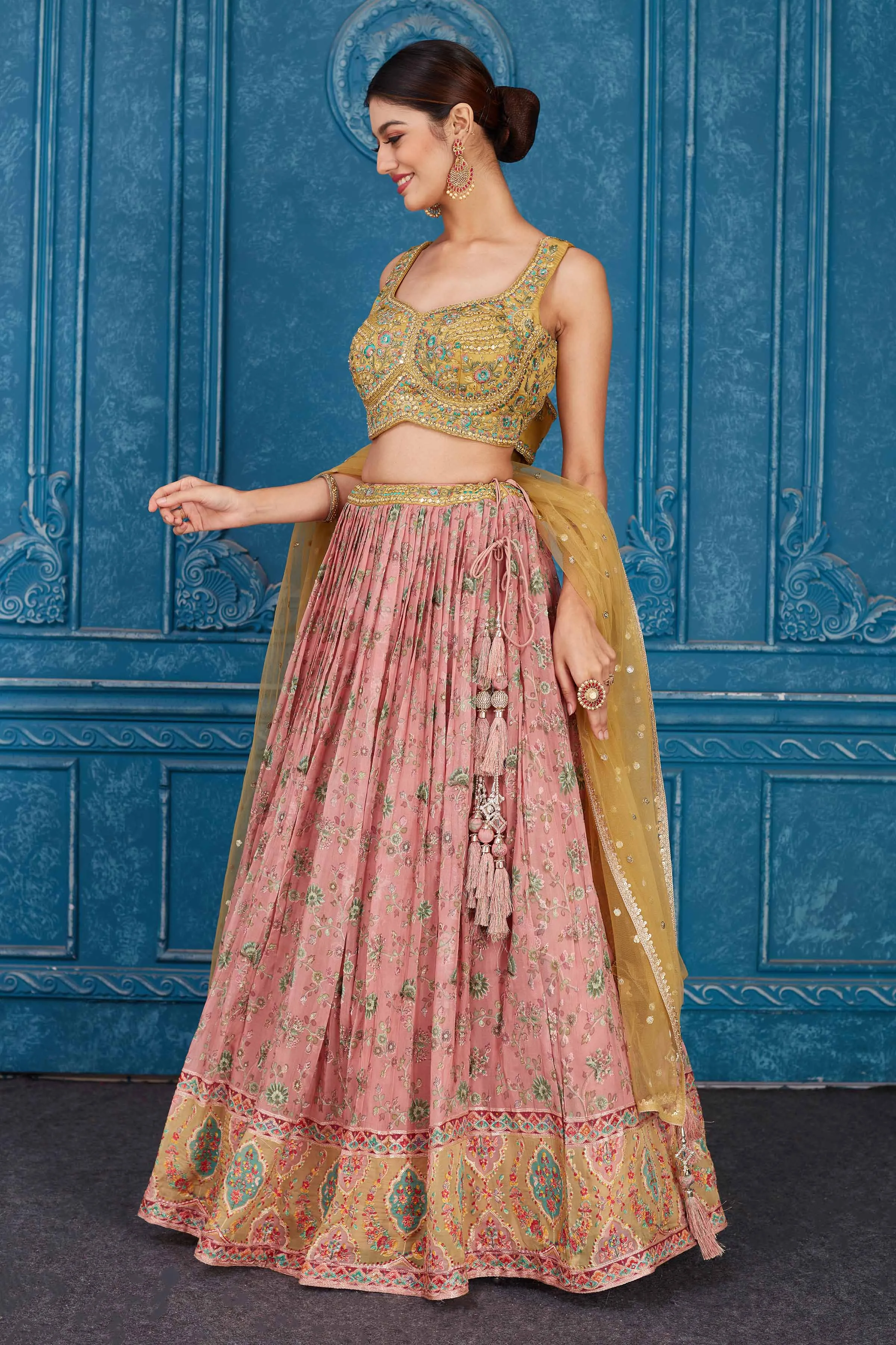 510085 Mustard and Pink Floral Embroidered Georgette Lehenga