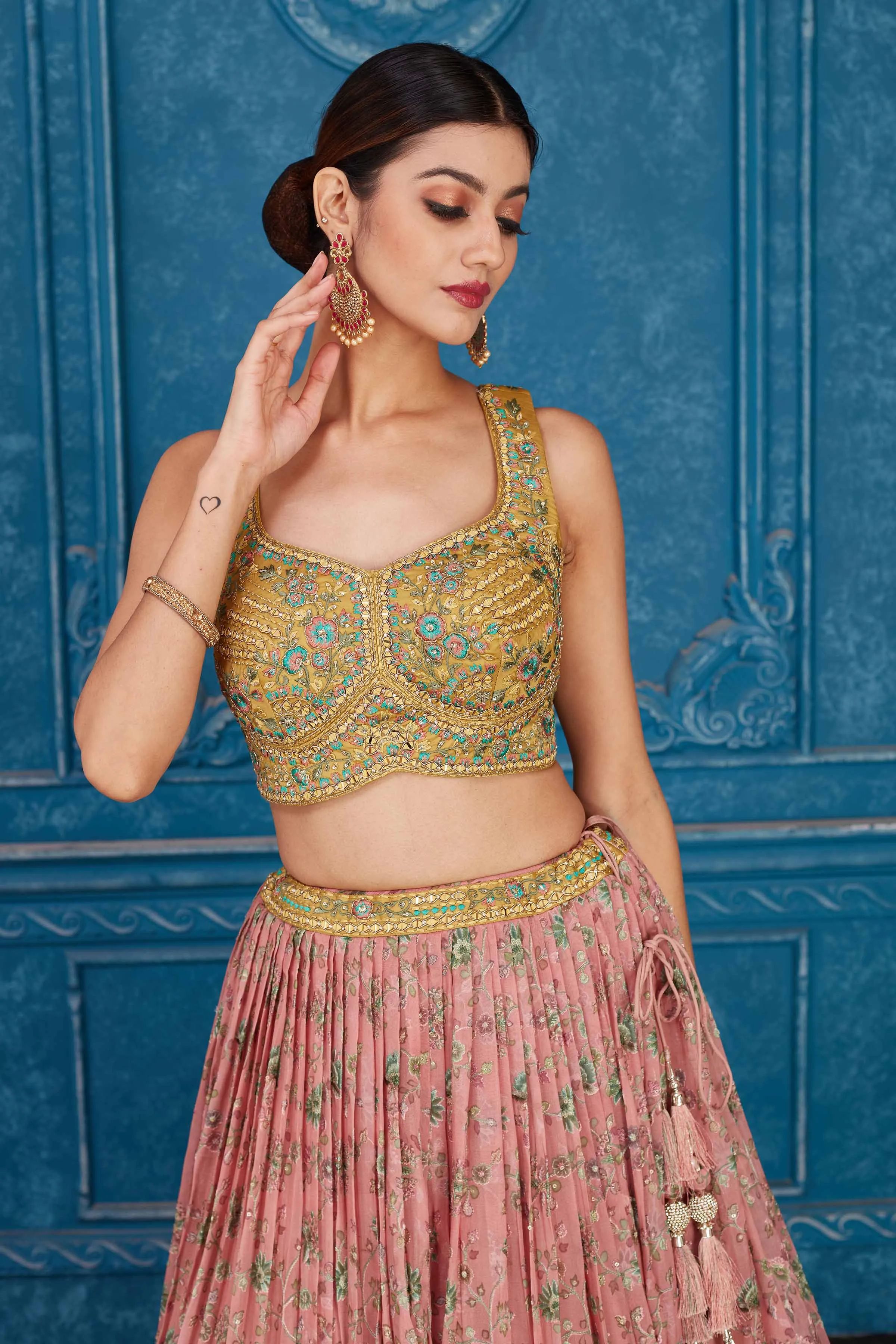 510085 Mustard and Pink Floral Embroidered Georgette Lehenga