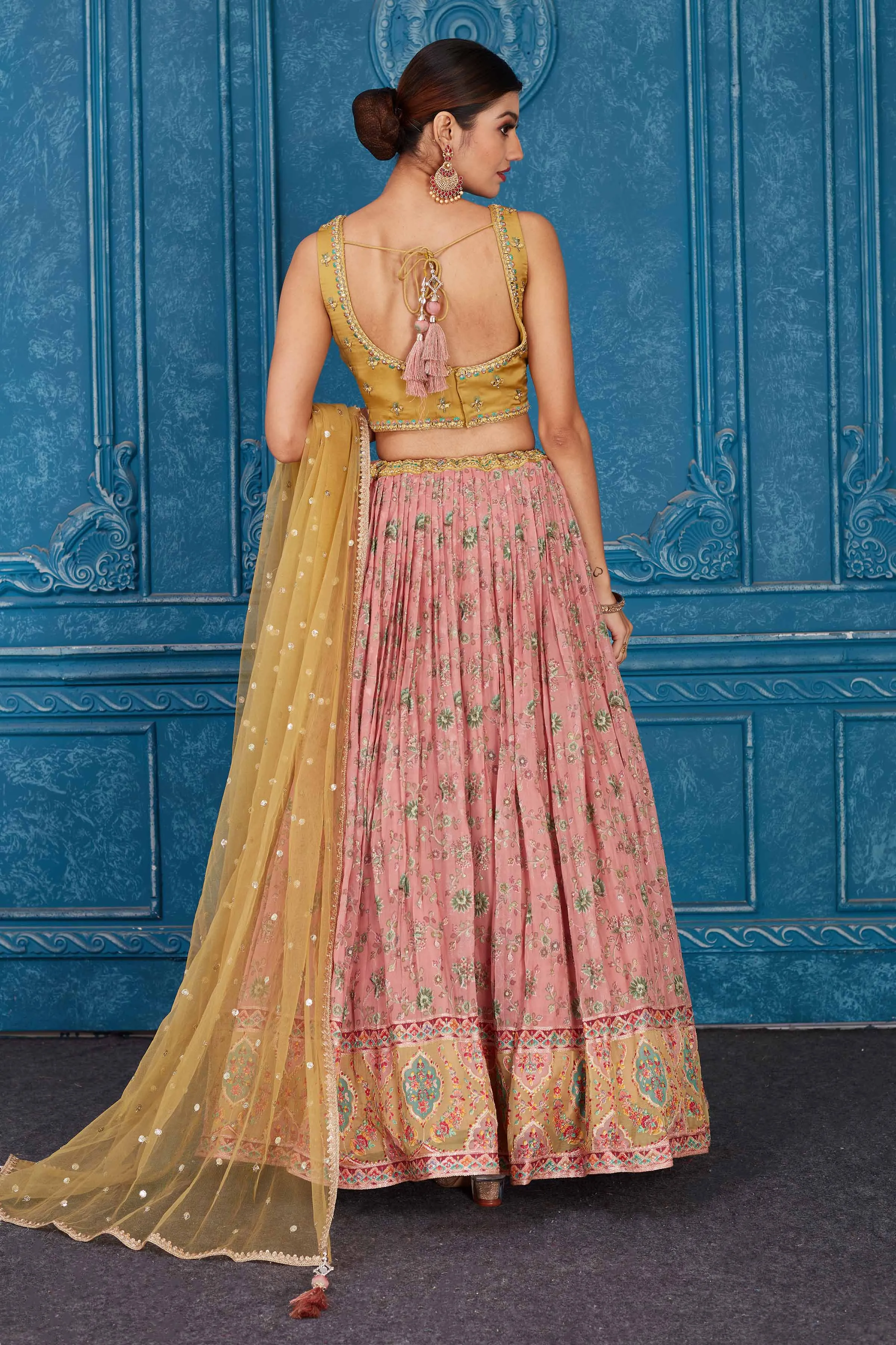 510085 Mustard and Pink Floral Embroidered Georgette Lehenga