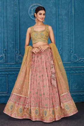 510085 Mustard and Pink Floral Embroidered Georgette Lehenga