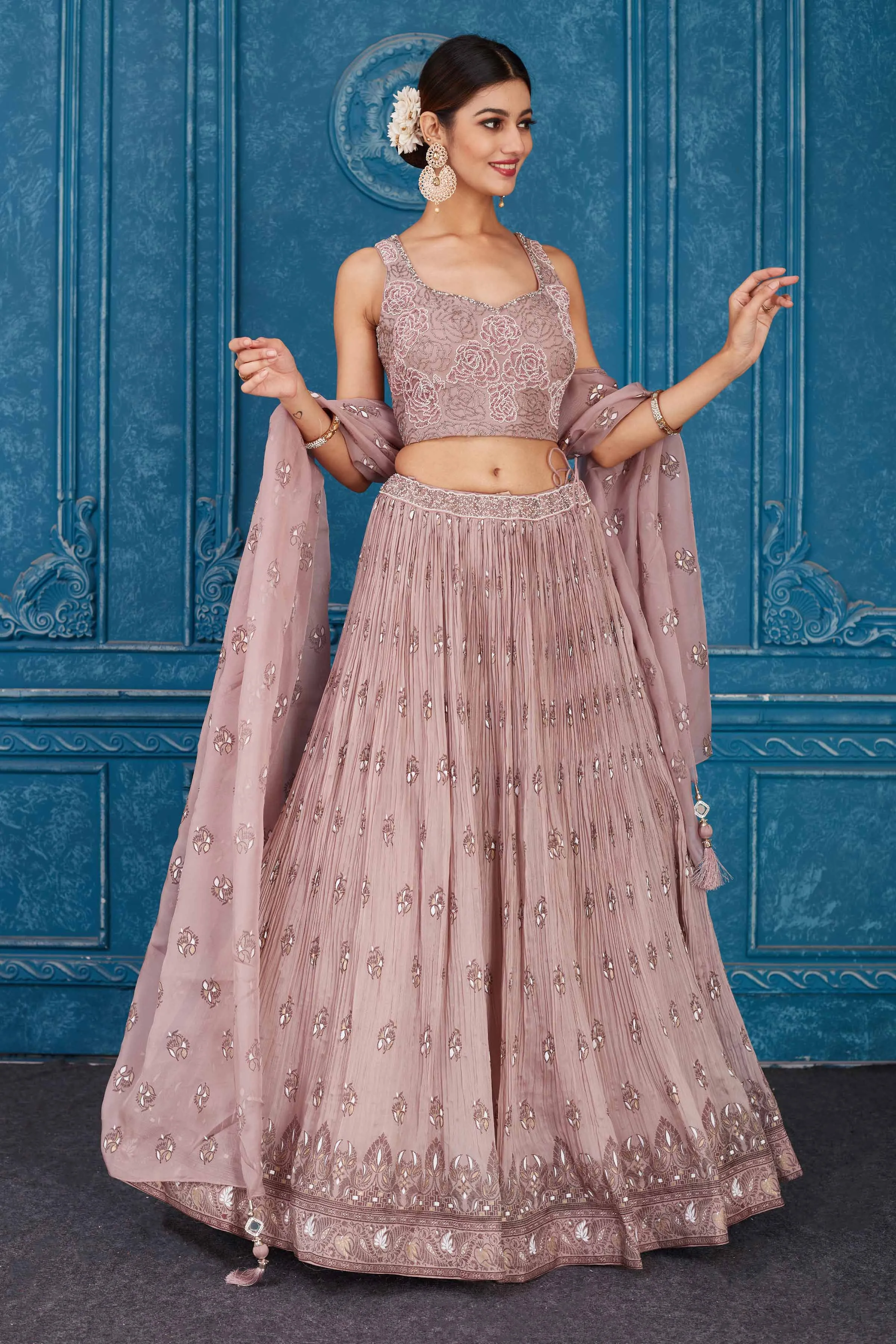 510086 Dusty Pink Embroidered Georgette Lehenga with Dupatta