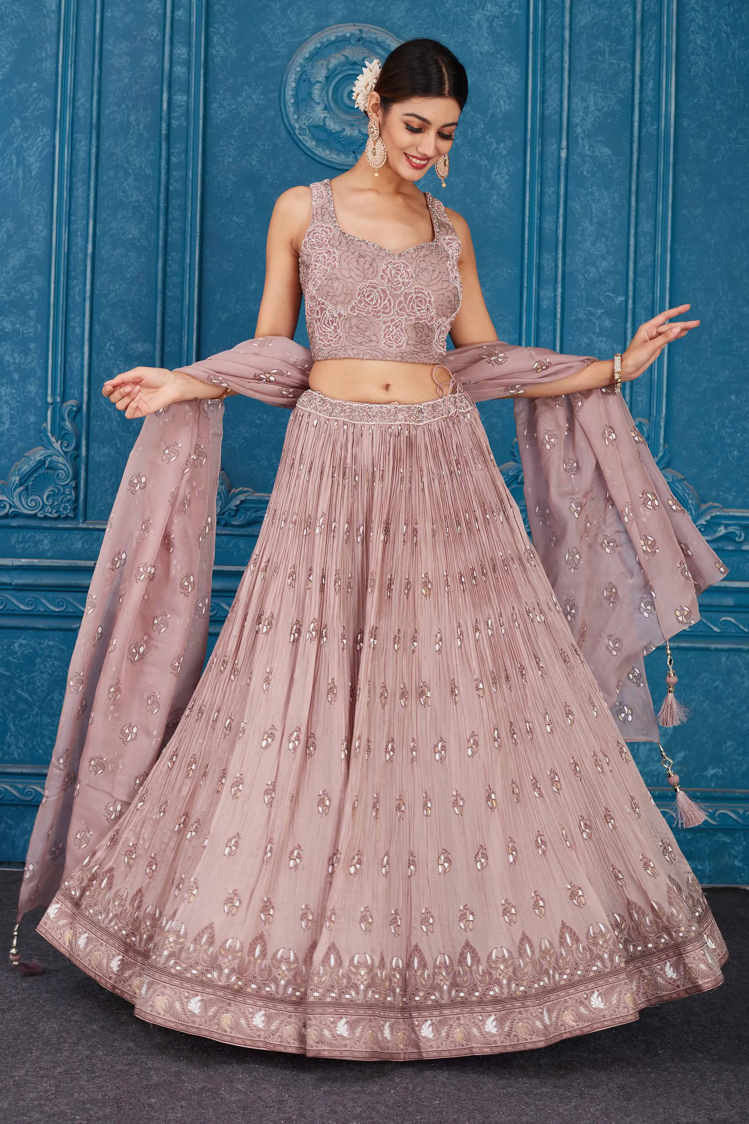 510086 Dusty Pink Embroidered Georgette Lehenga with Dupatta