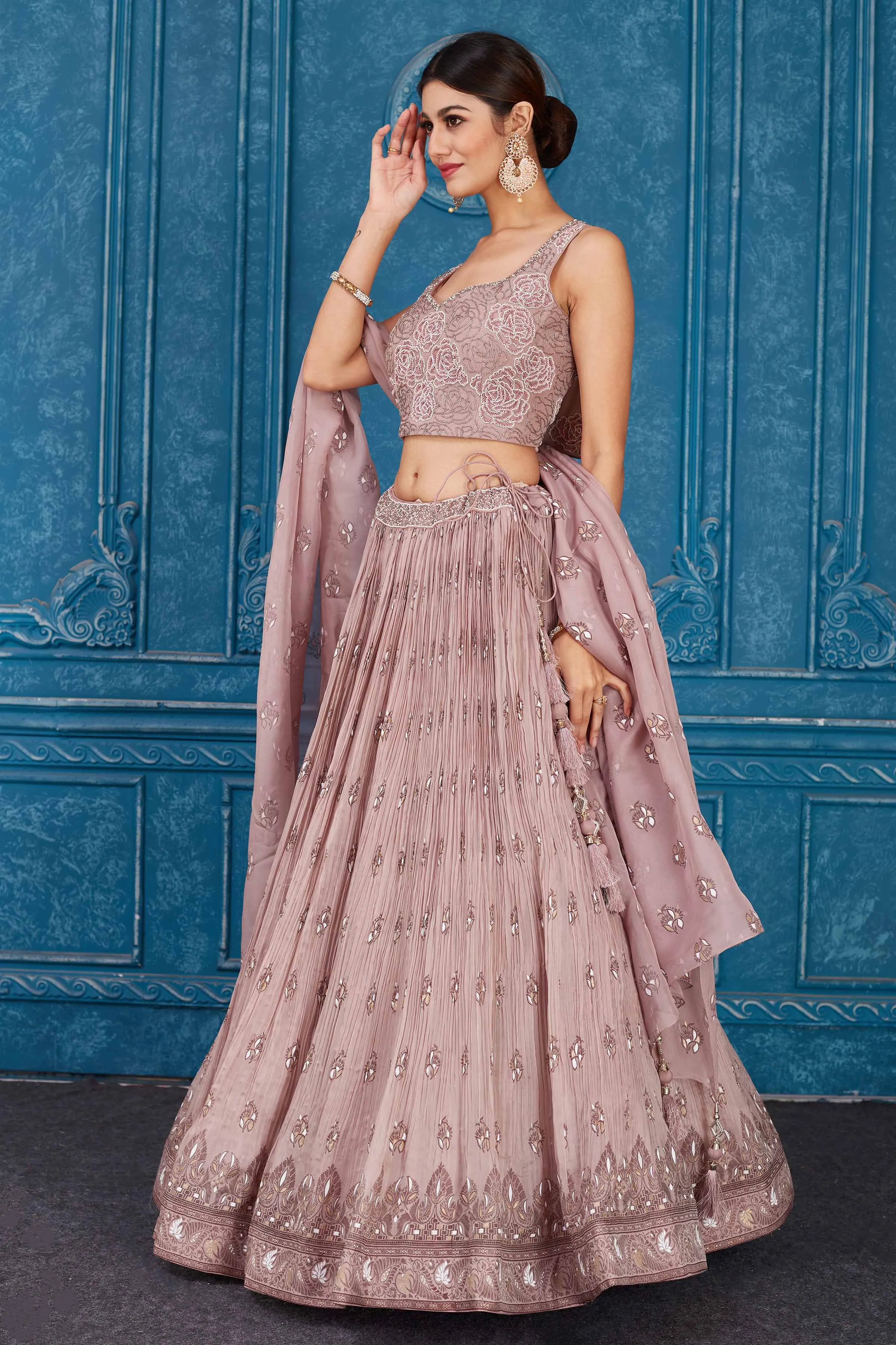 510086 Dusty Pink Embroidered Georgette Lehenga with Dupatta