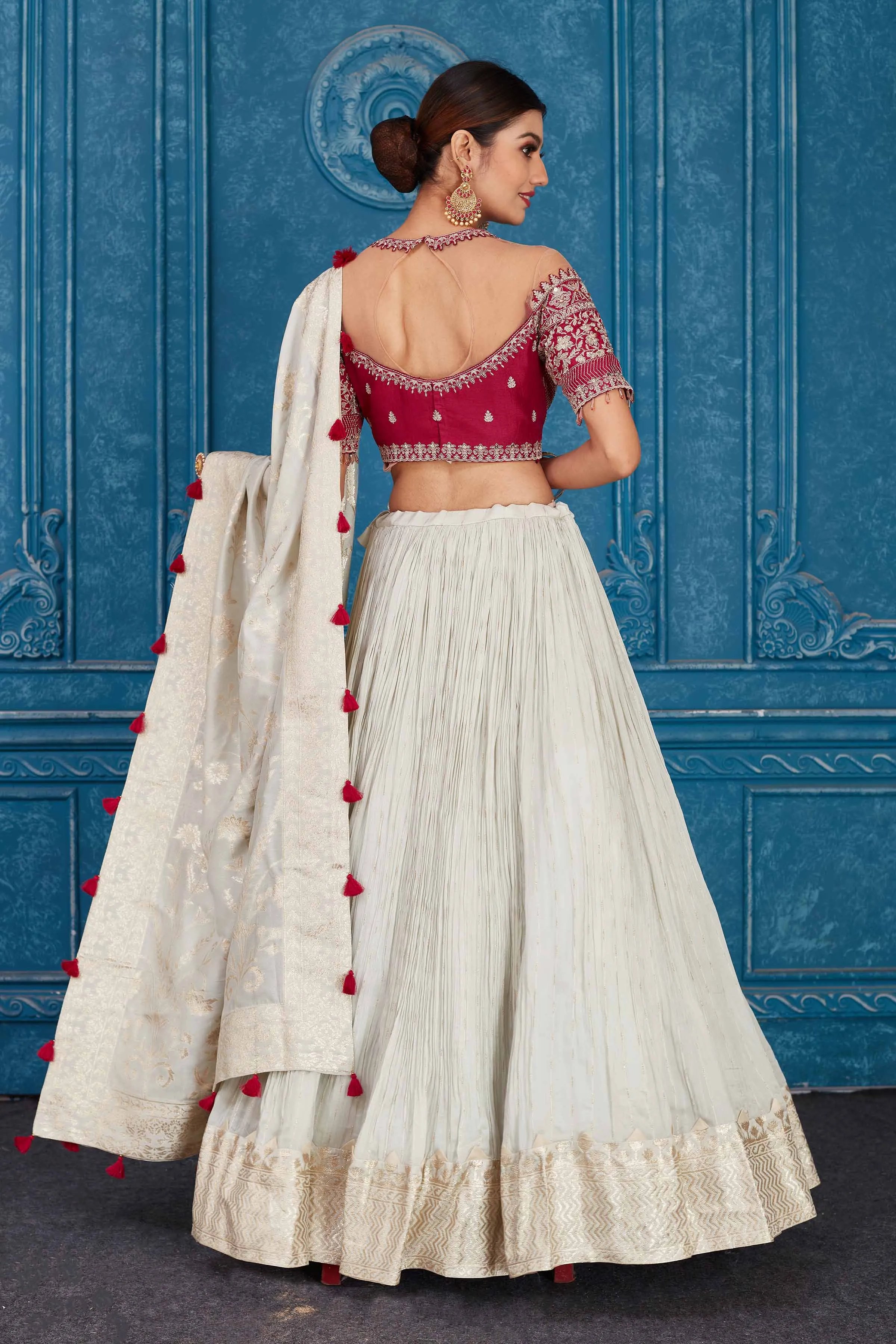 510089 Cream and Pink Georgette Embroidered Lehenga with Dupatta