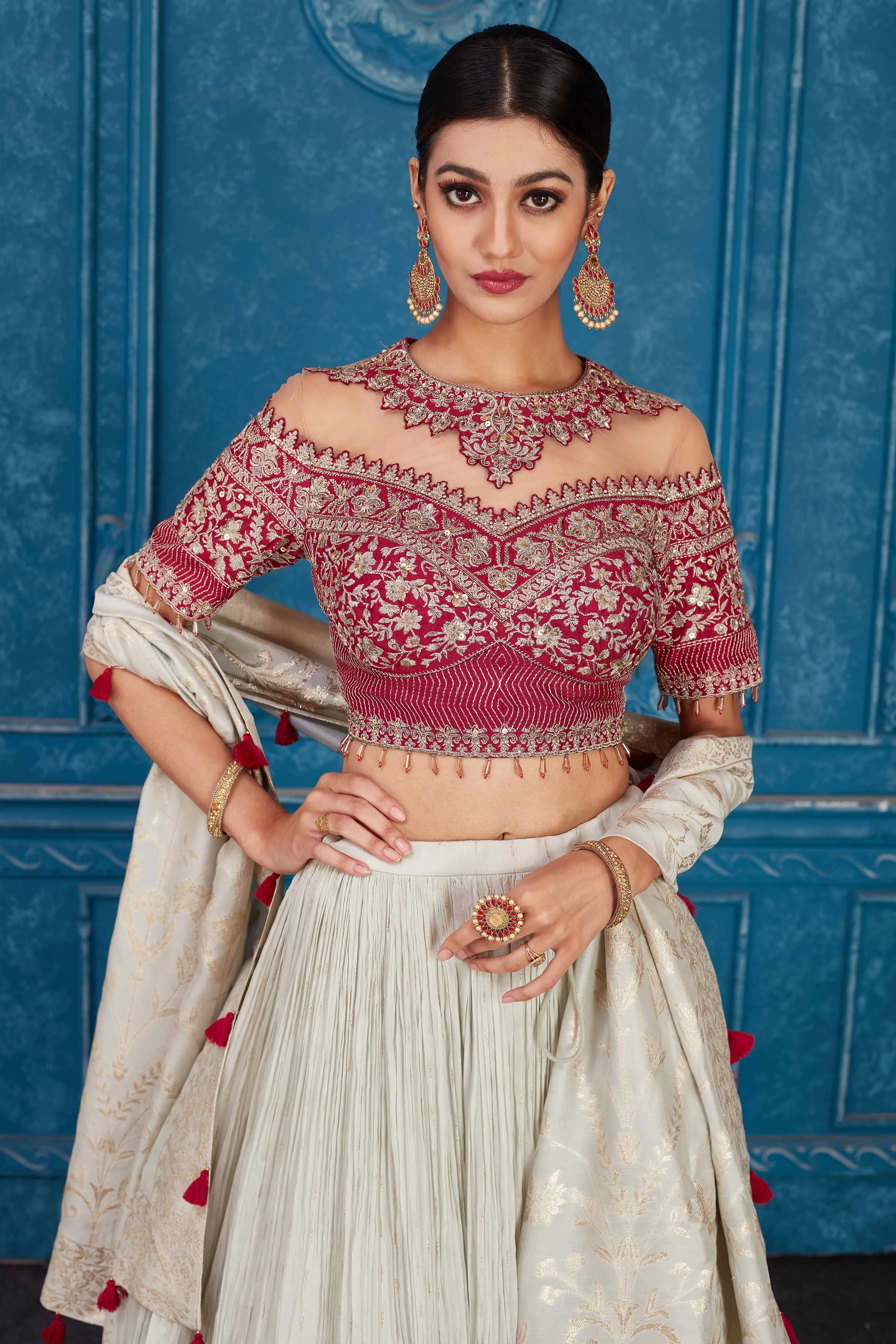 510089 Cream and Pink Georgette Embroidered Lehenga with Dupatta