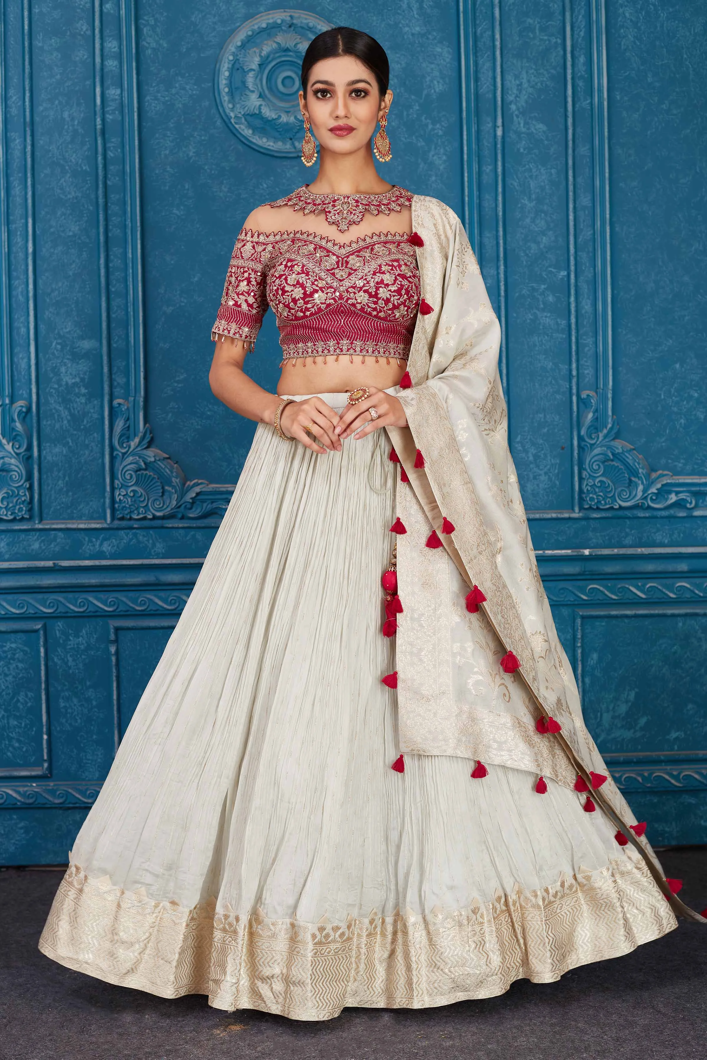 510089 Cream and Pink Georgette Embroidered Lehenga with Dupatta