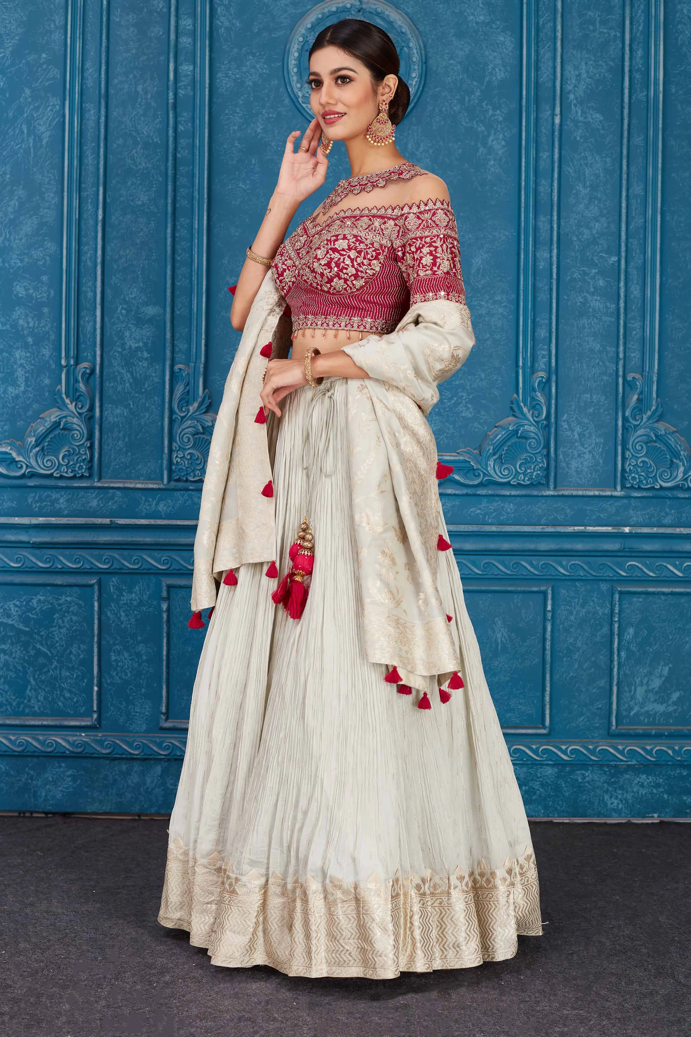 510089 Cream and Pink Georgette Embroidered Lehenga with Dupatta