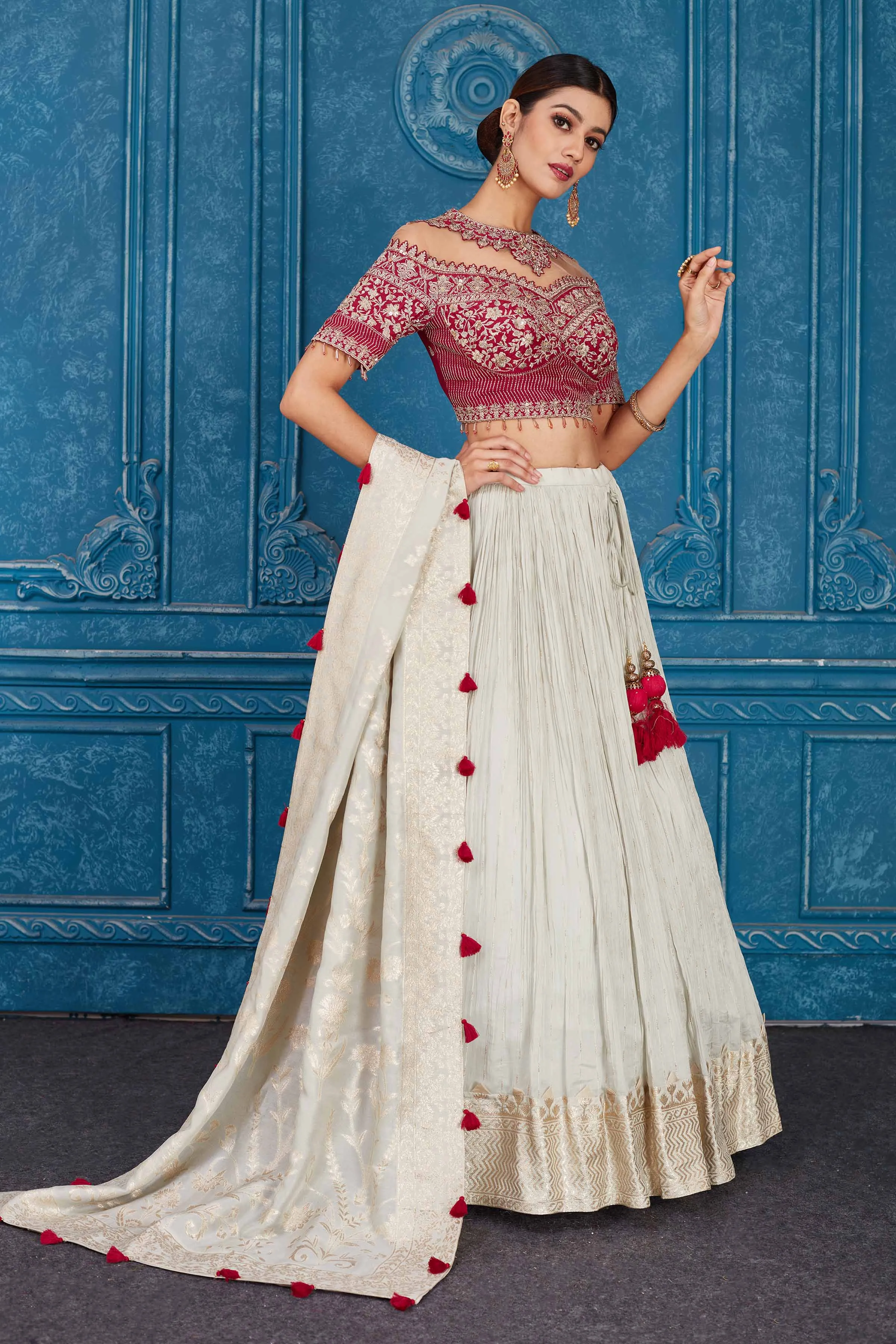 510089 Cream and Pink Georgette Embroidered Lehenga with Dupatta