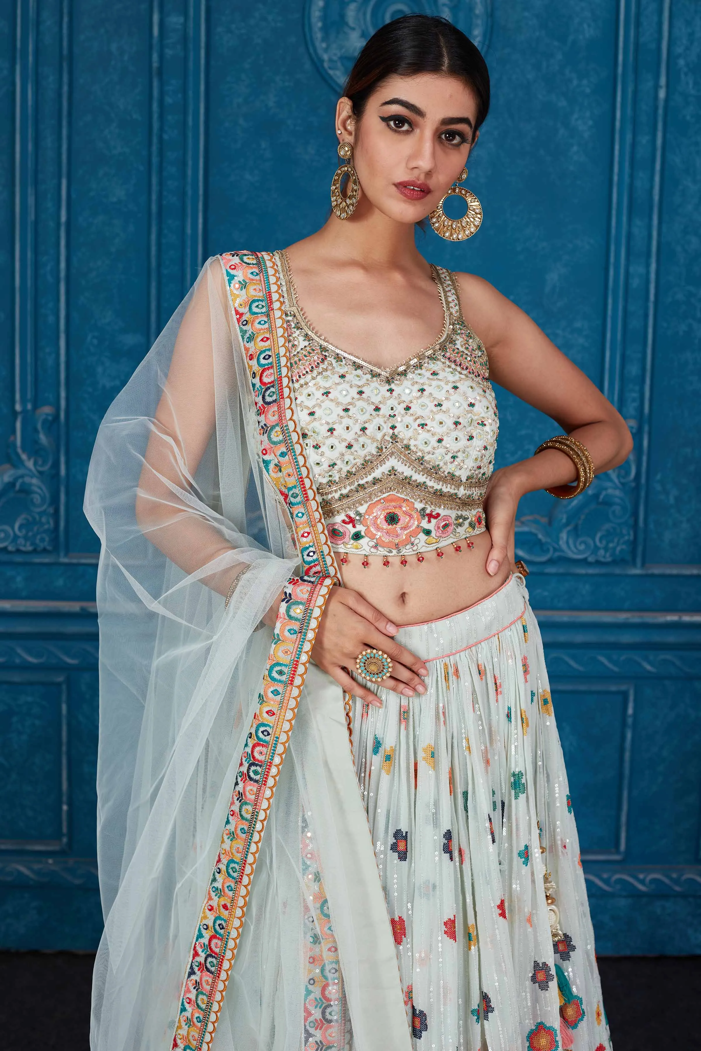 510090 Mint Green Floral Embroidered Georgette Lehenga