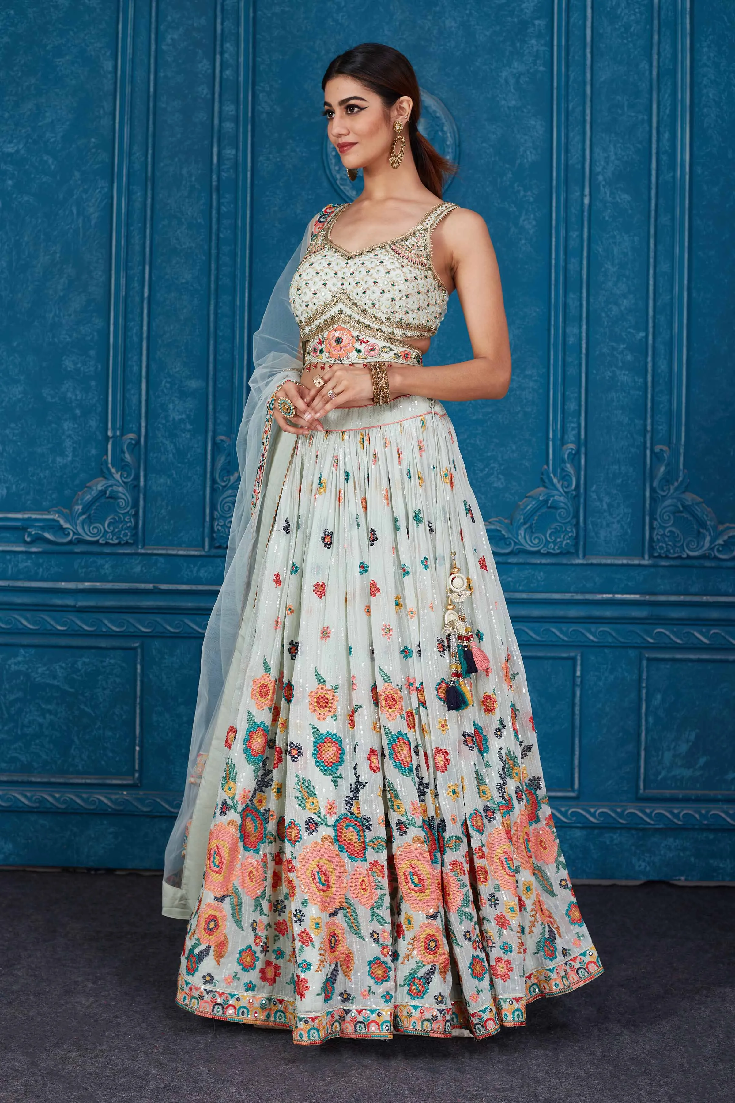 510090 Mint Green Floral Embroidered Georgette Lehenga