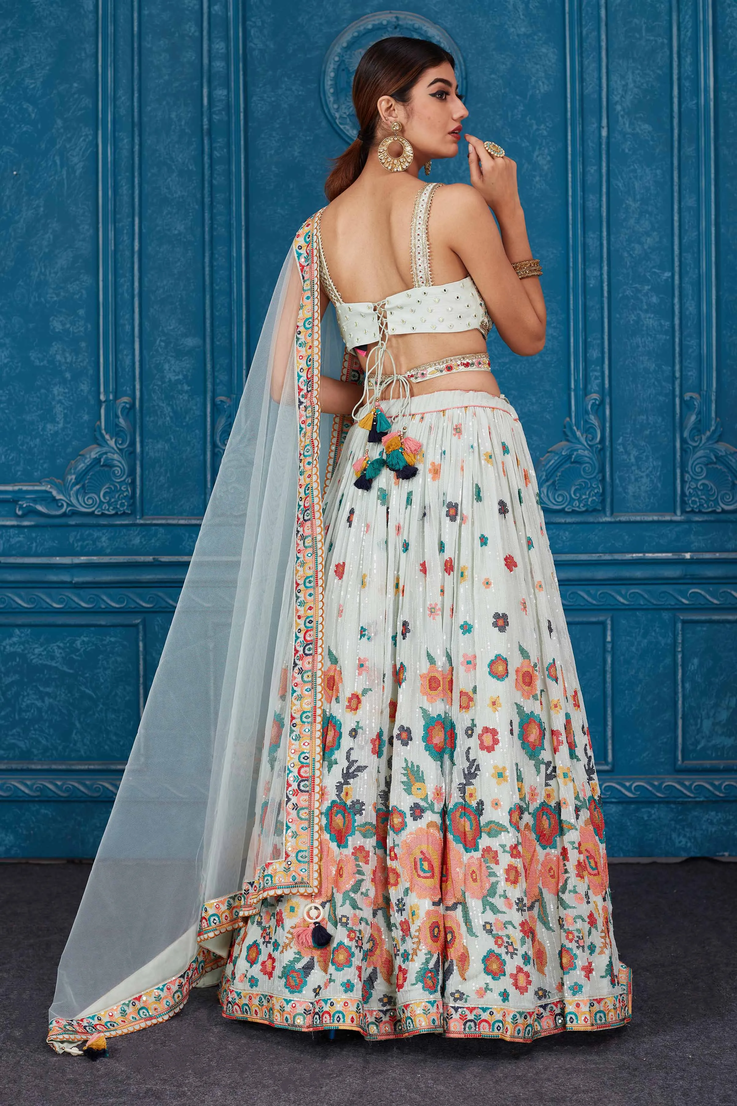 510090 Mint Green Floral Embroidered Georgette Lehenga