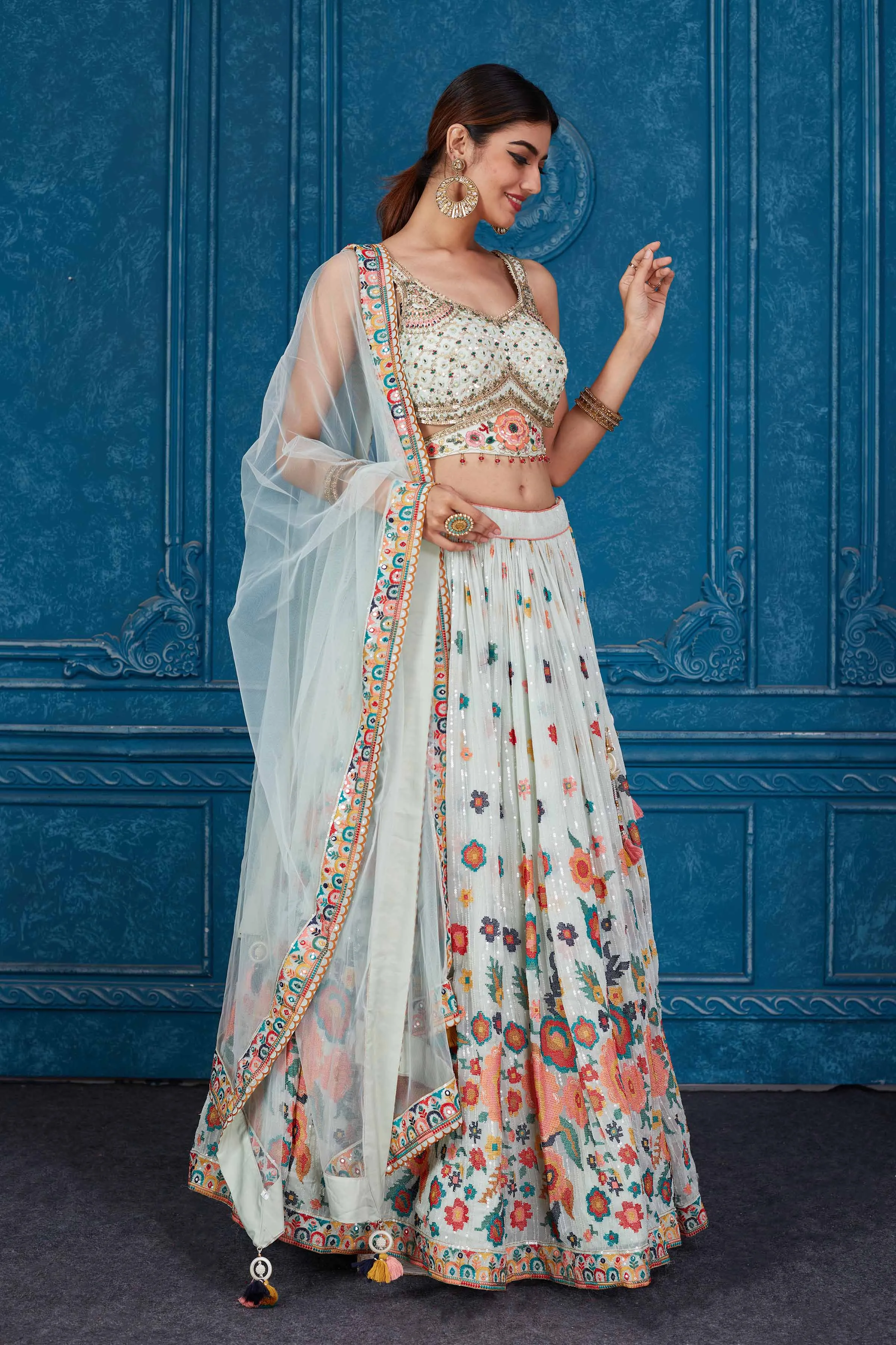 510090 Mint Green Floral Embroidered Georgette Lehenga