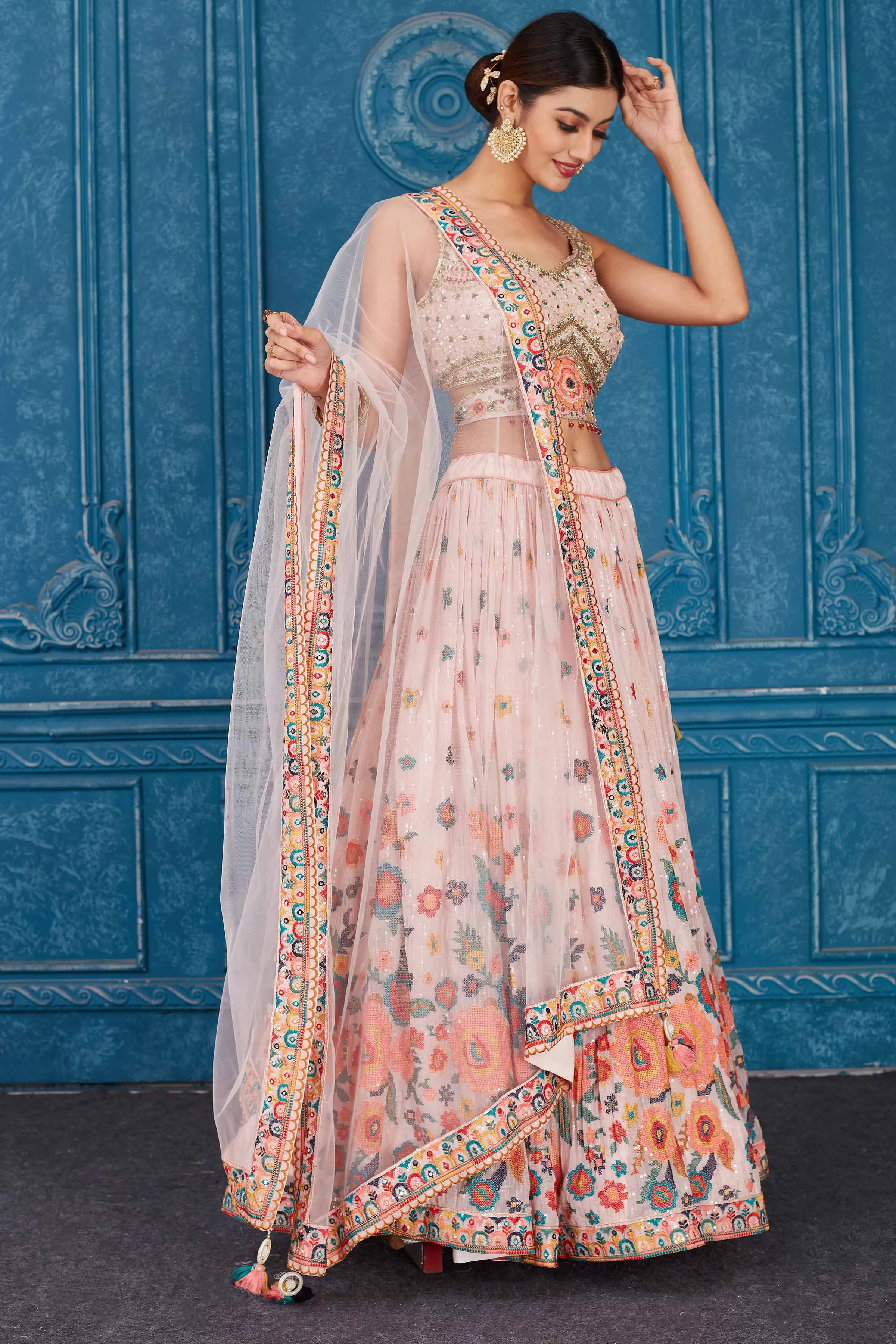 510091 Powder Pink Floral Embroidered Georgette Lehenga