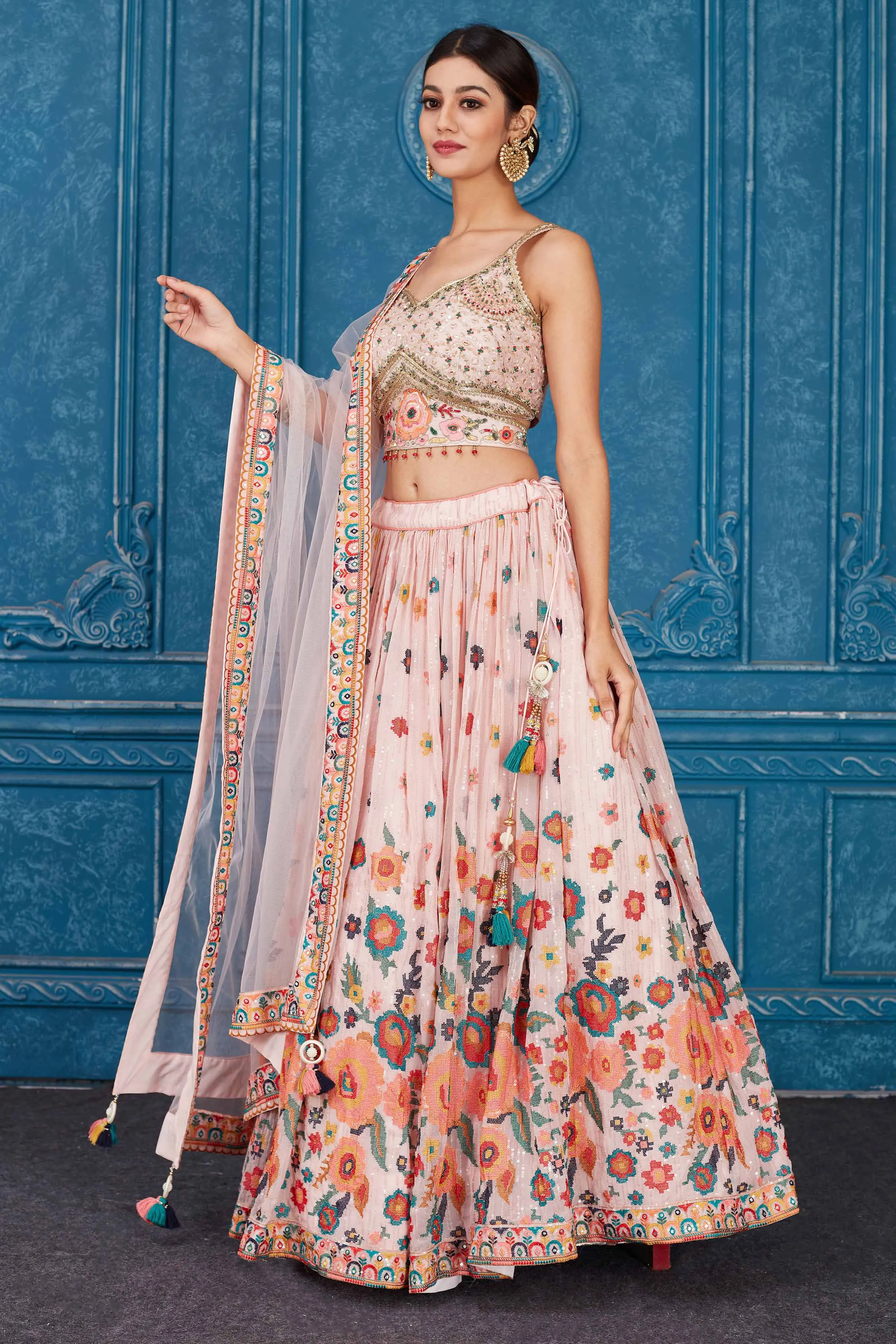 510091 Powder Pink Floral Embroidered Georgette Lehenga