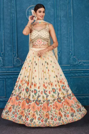 510092 Light Yellow Floral Embroidered Georgette Lehenga