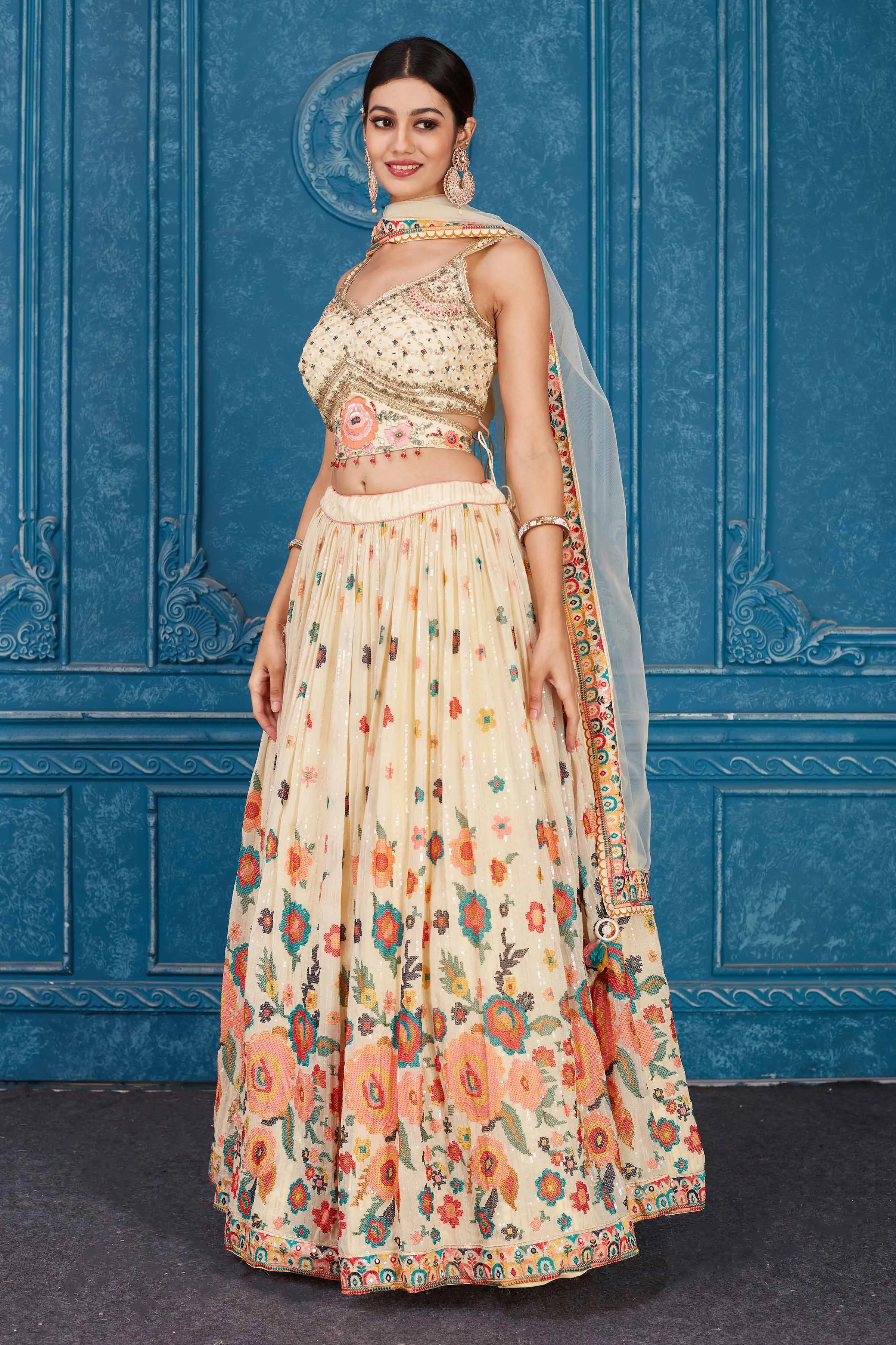 510092 Light Yellow Floral Embroidered Georgette Lehenga