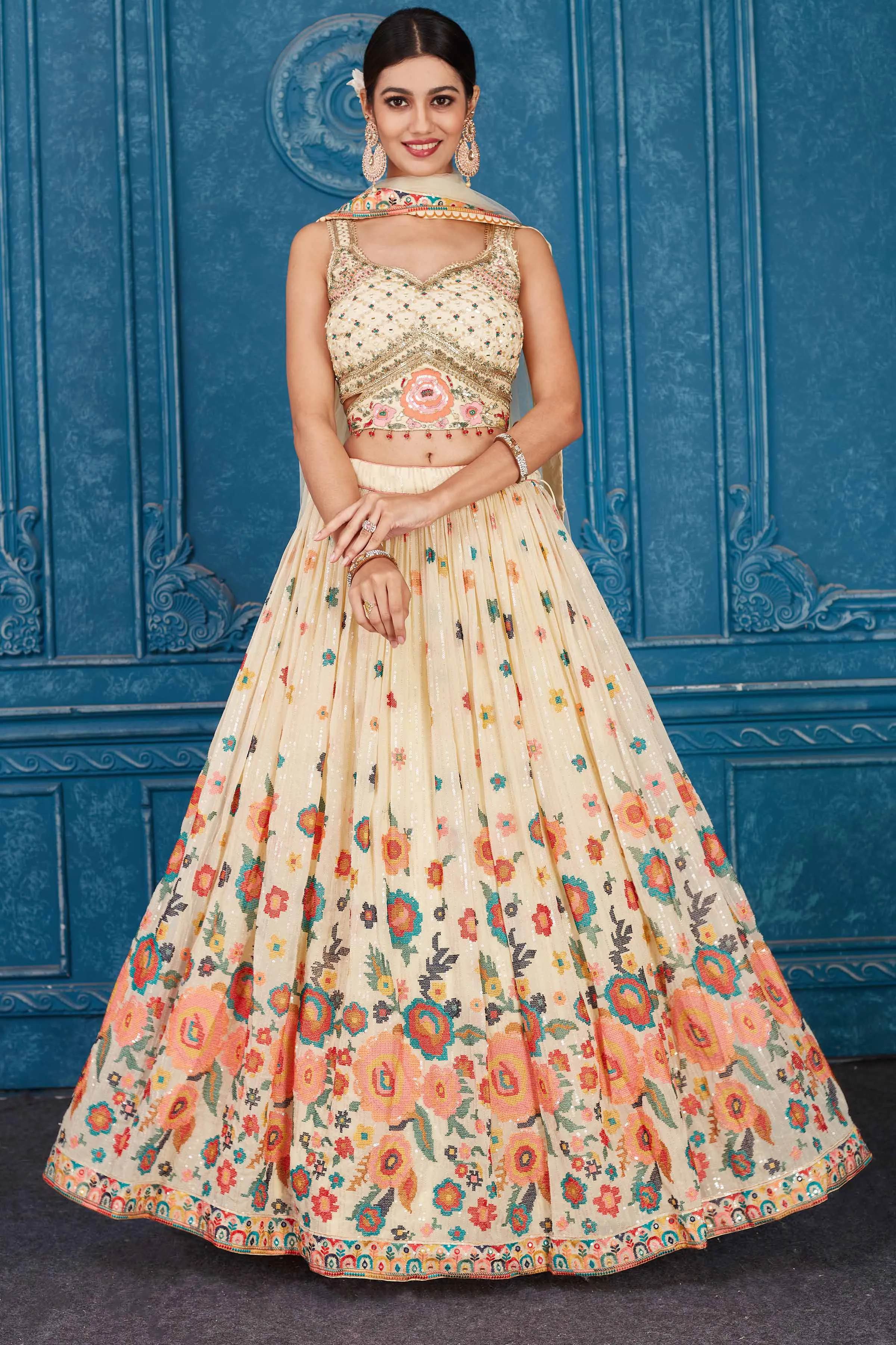 510092 Light Yellow Floral Embroidered Georgette Lehenga