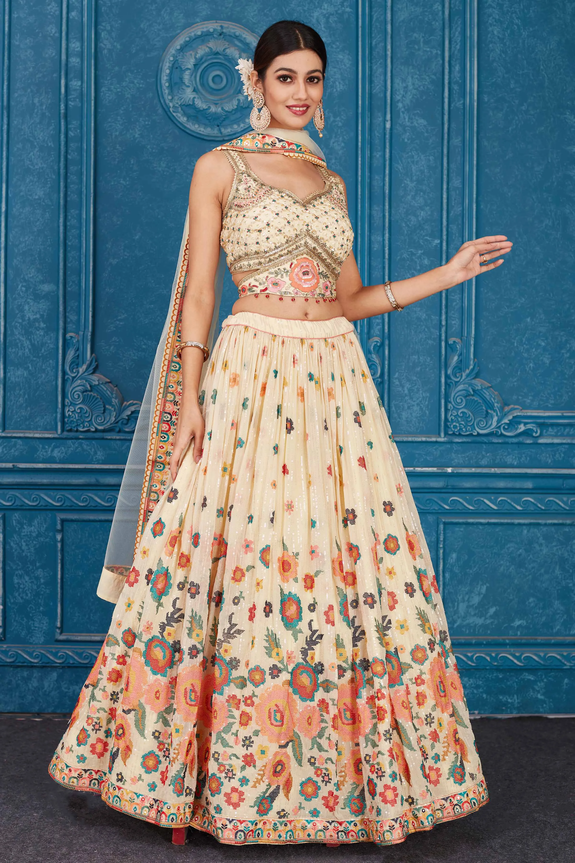 510092 Light Yellow Floral Embroidered Georgette Lehenga