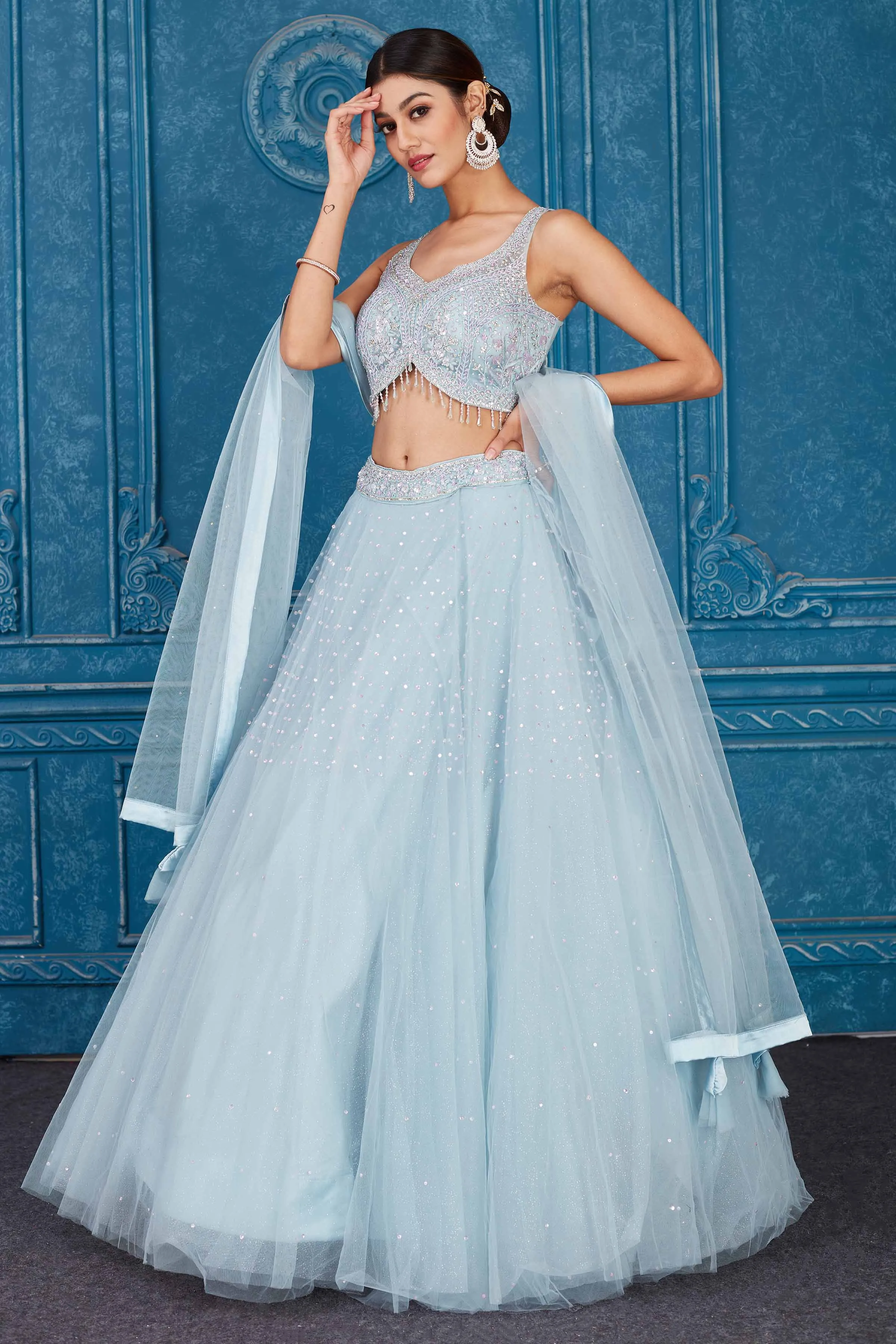 510093 Powder Blue Net Embroidered Lehenga with Dupatta