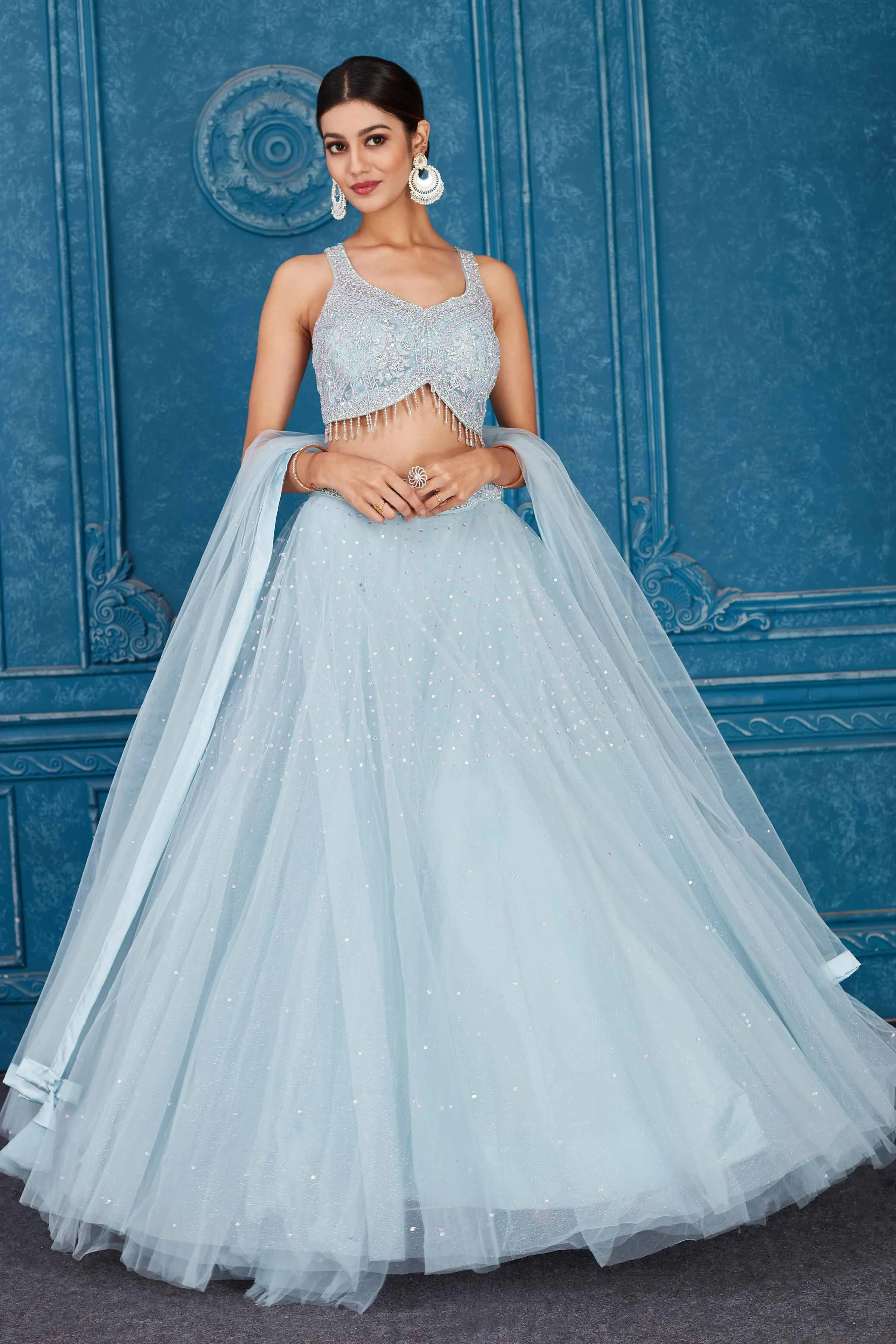 510093 Powder Blue Net Embroidered Lehenga with Dupatta