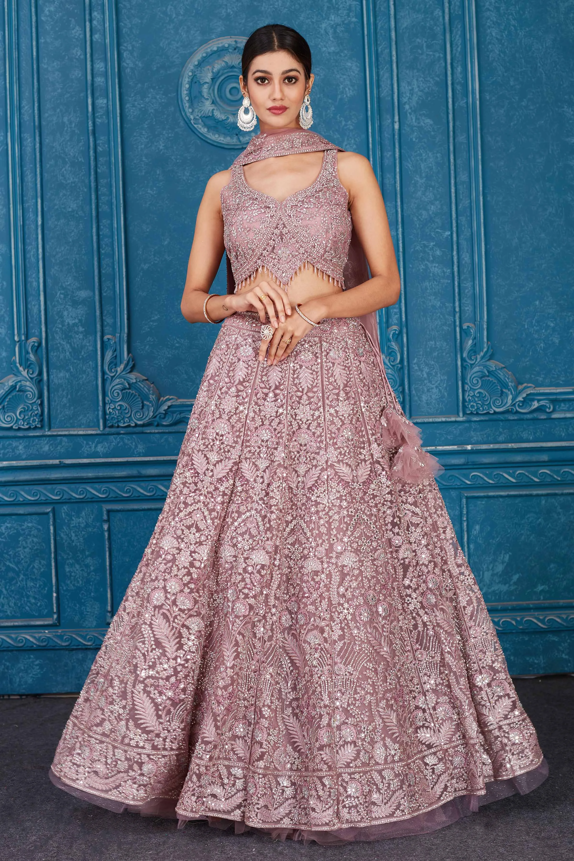 510094 Blush Pink Embroidered Net Lehenga with Dupatta