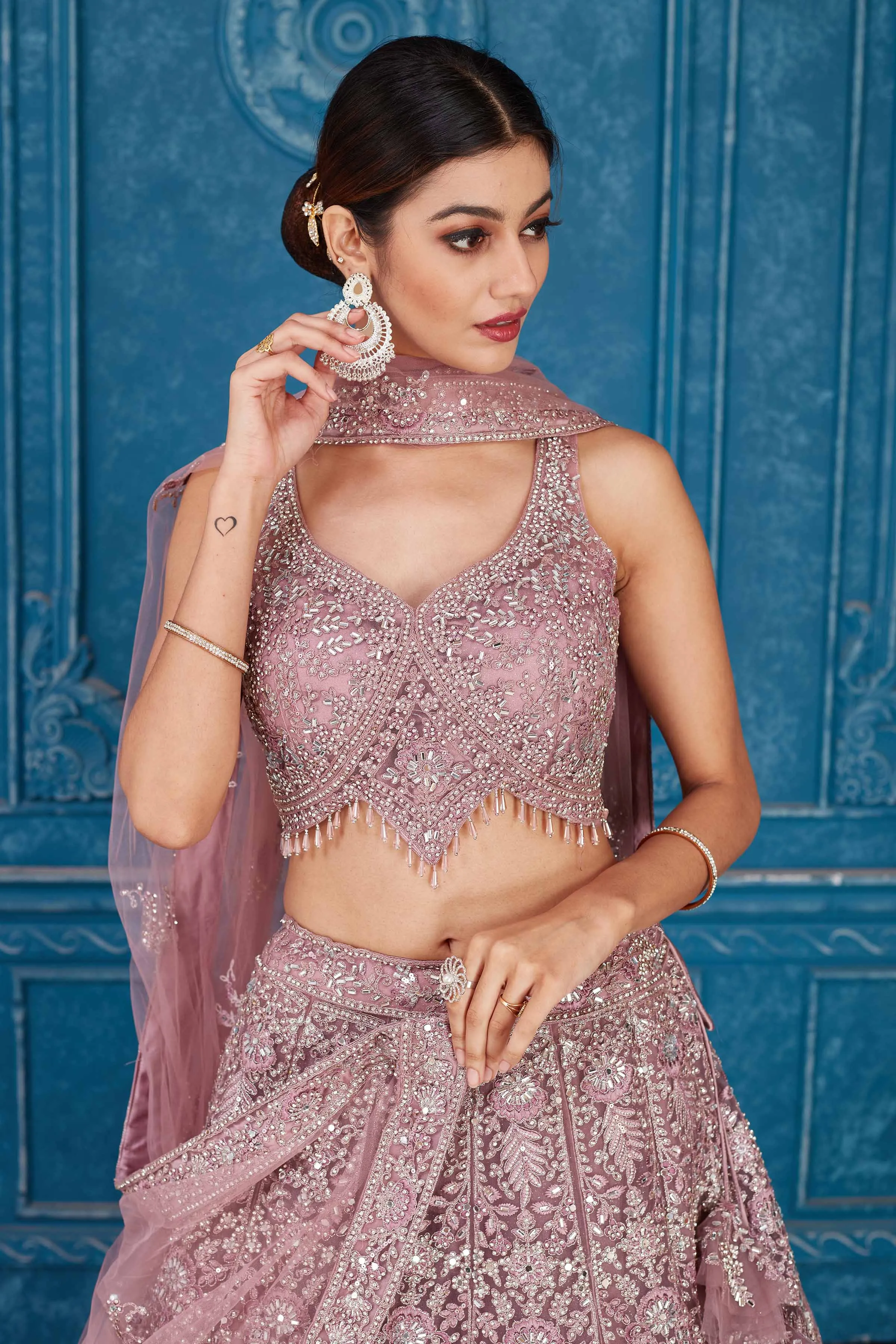 510094 Blush Pink Embroidered Net Lehenga with Dupatta