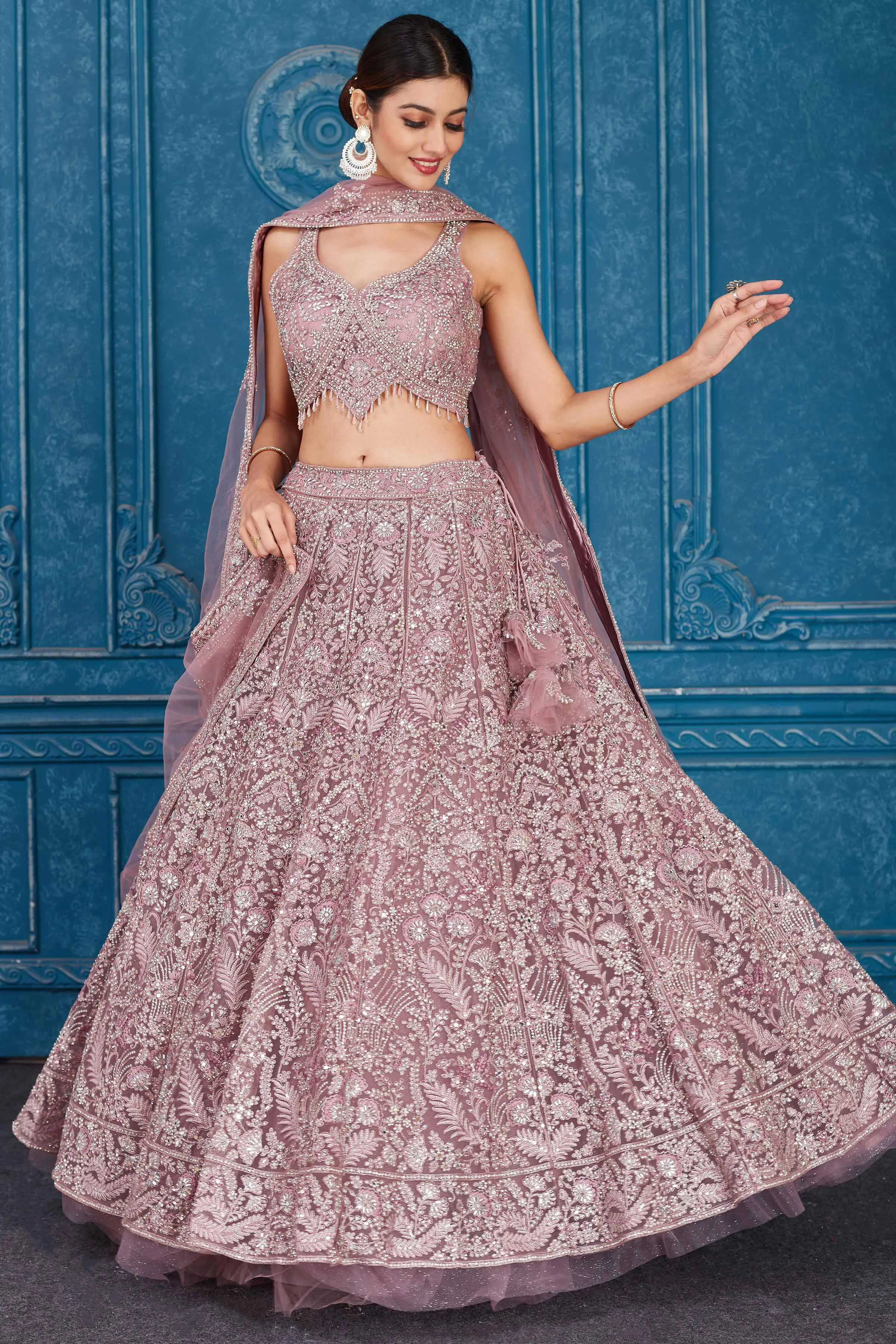 510094 Blush Pink Embroidered Net Lehenga with Dupatta