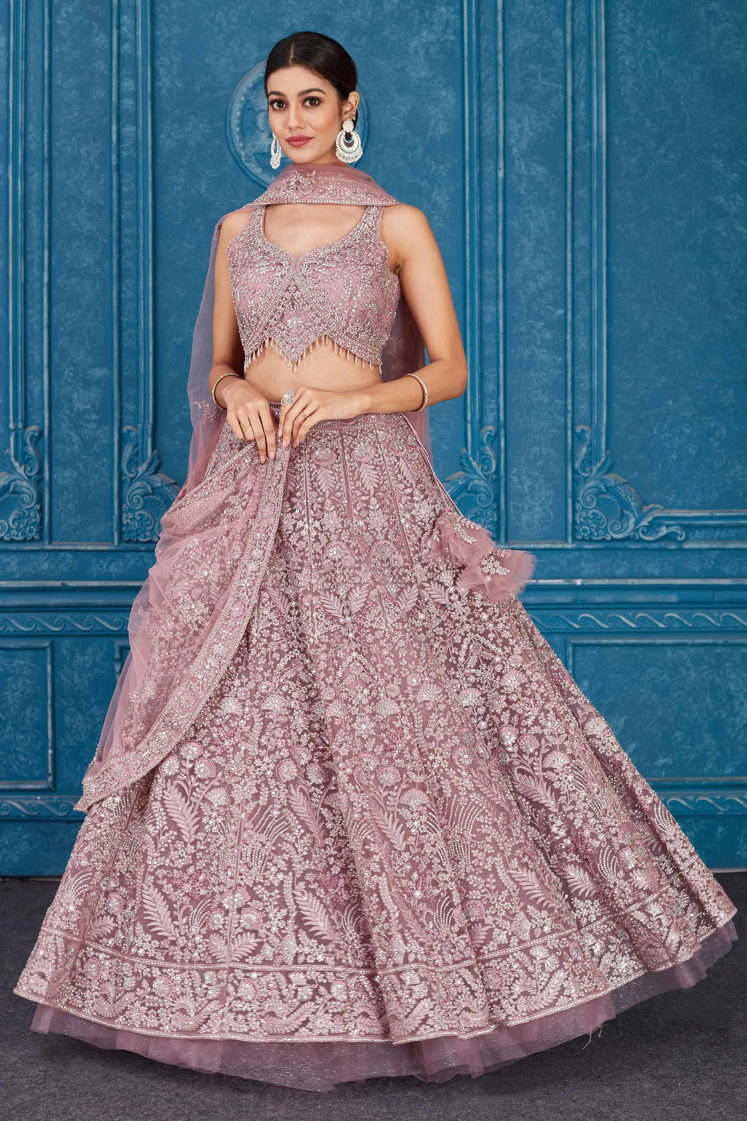 510094 Blush Pink Embroidered Net Lehenga with Dupatta