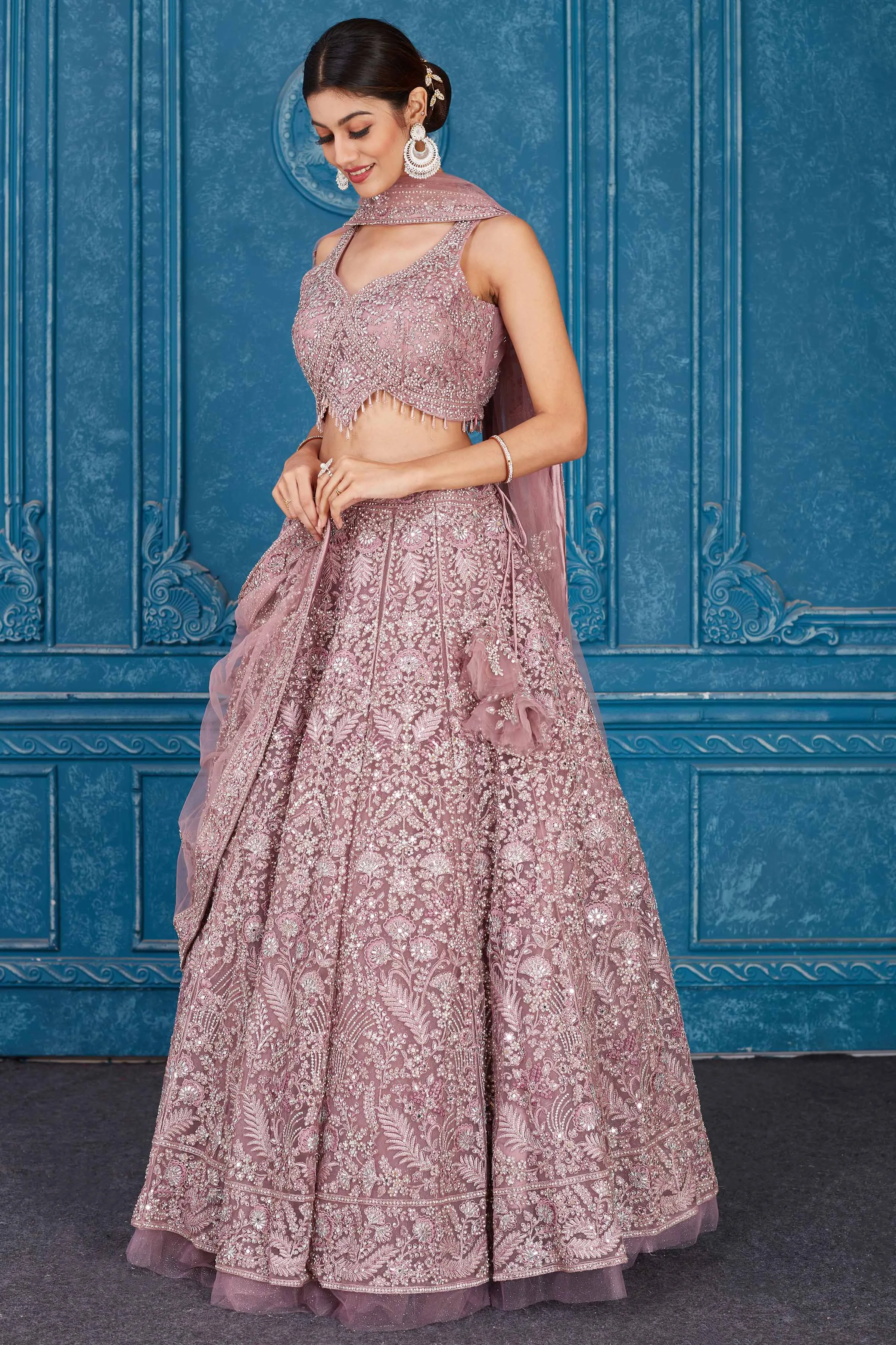 510094 Blush Pink Embroidered Net Lehenga with Dupatta