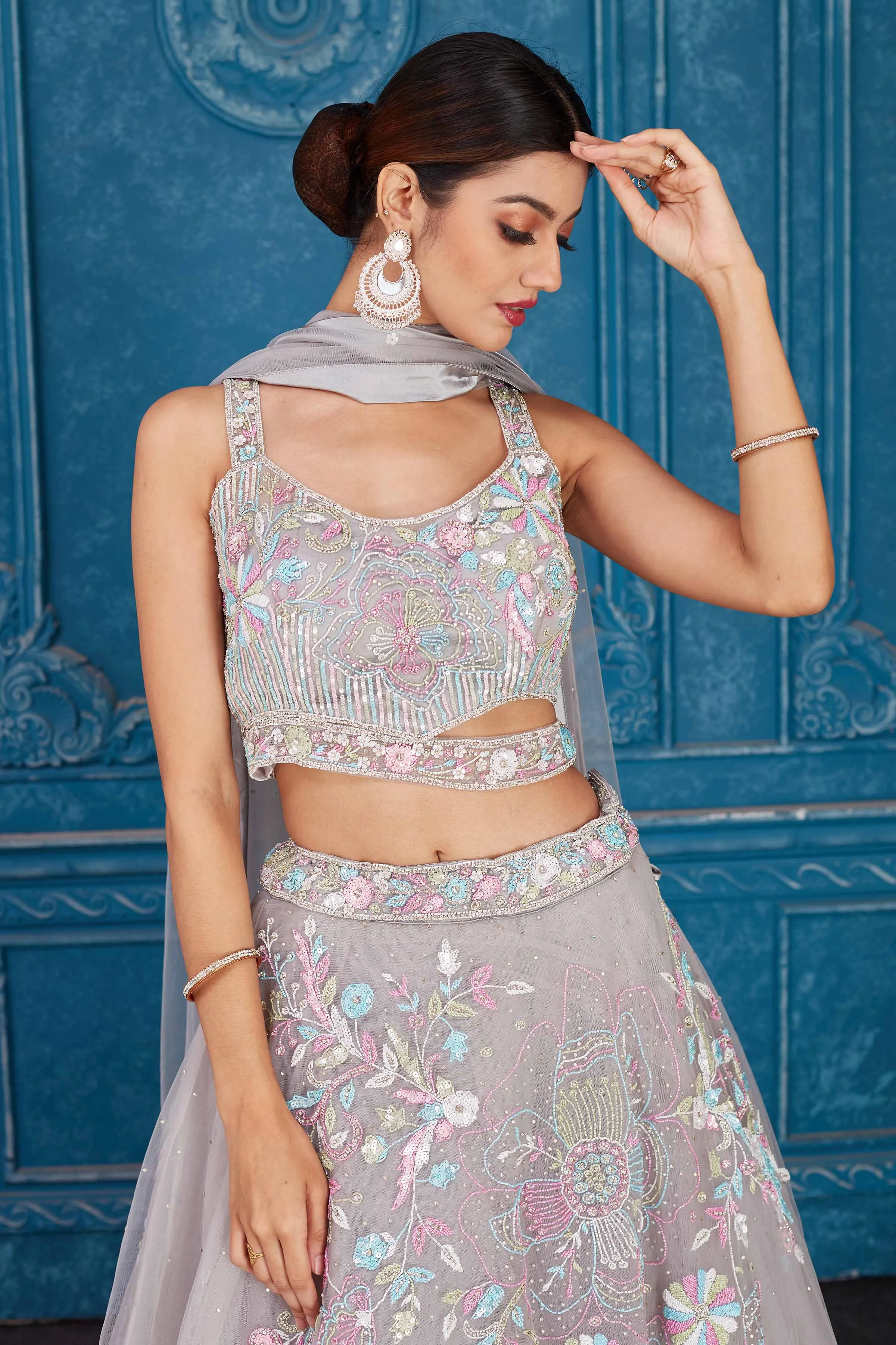 510095 Light Grey Embroidered Net Lehenga with Dupatta