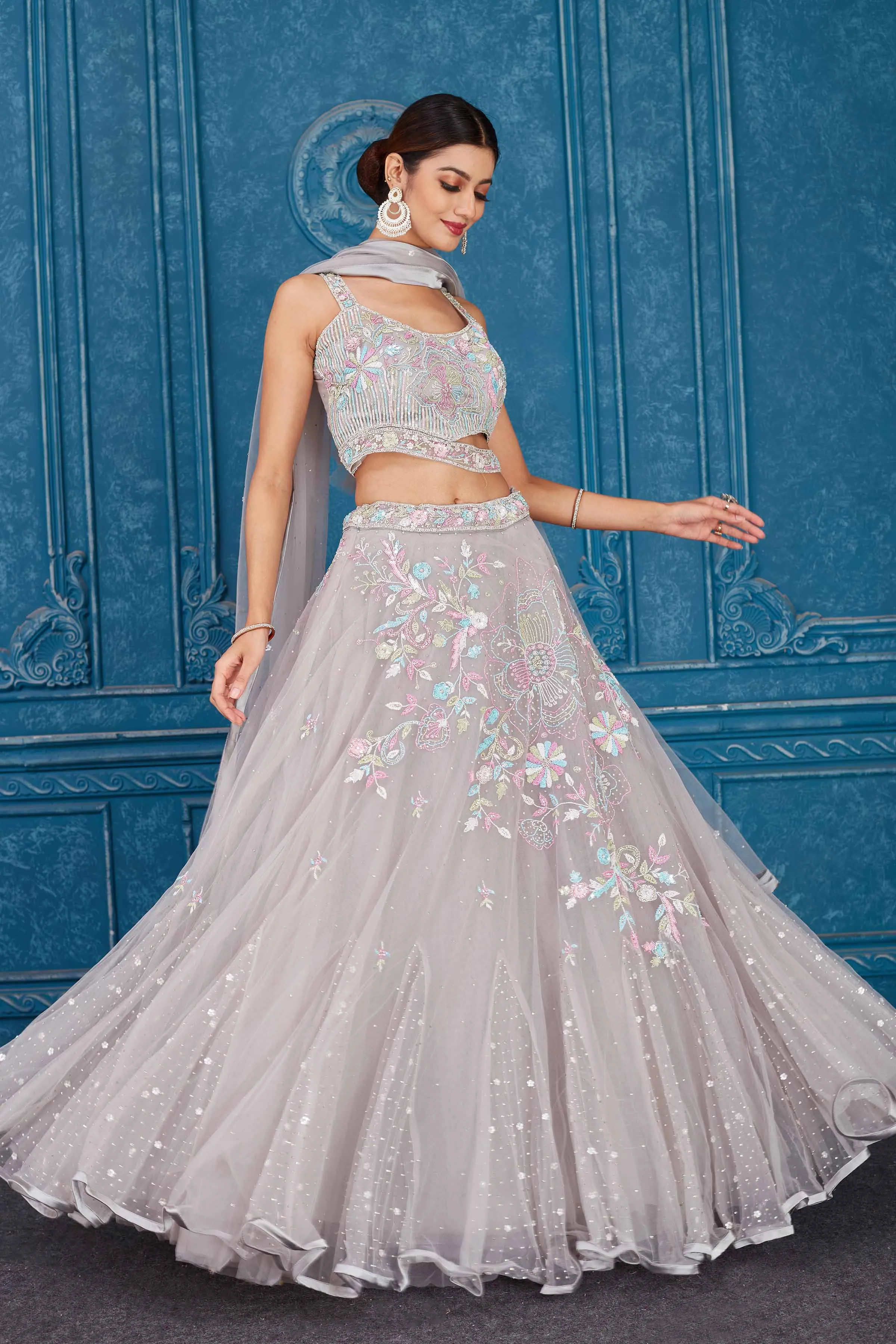 510095 Light Grey Embroidered Net Lehenga with Dupatta