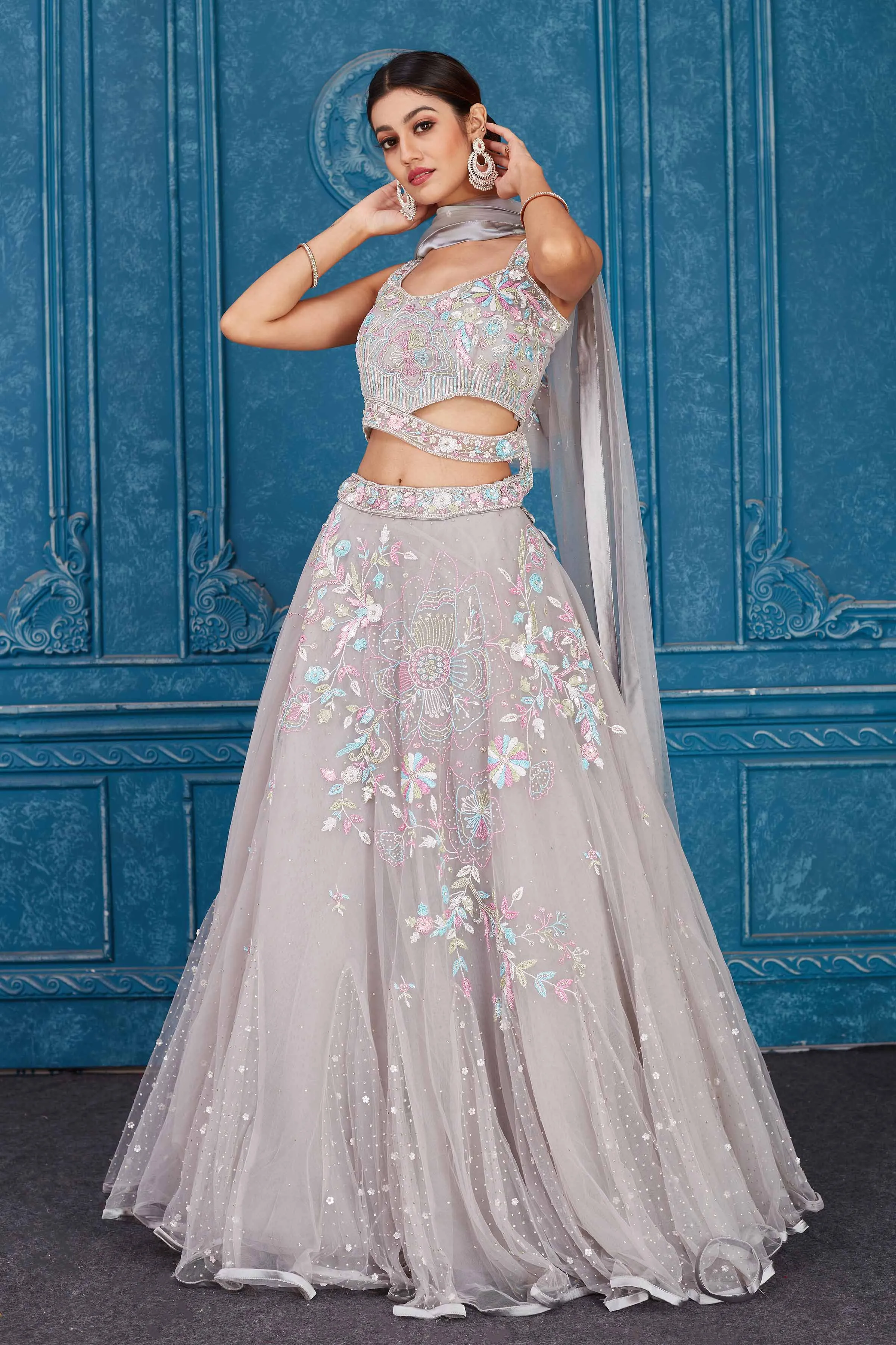 510095 Light Grey Embroidered Net Lehenga with Dupatta