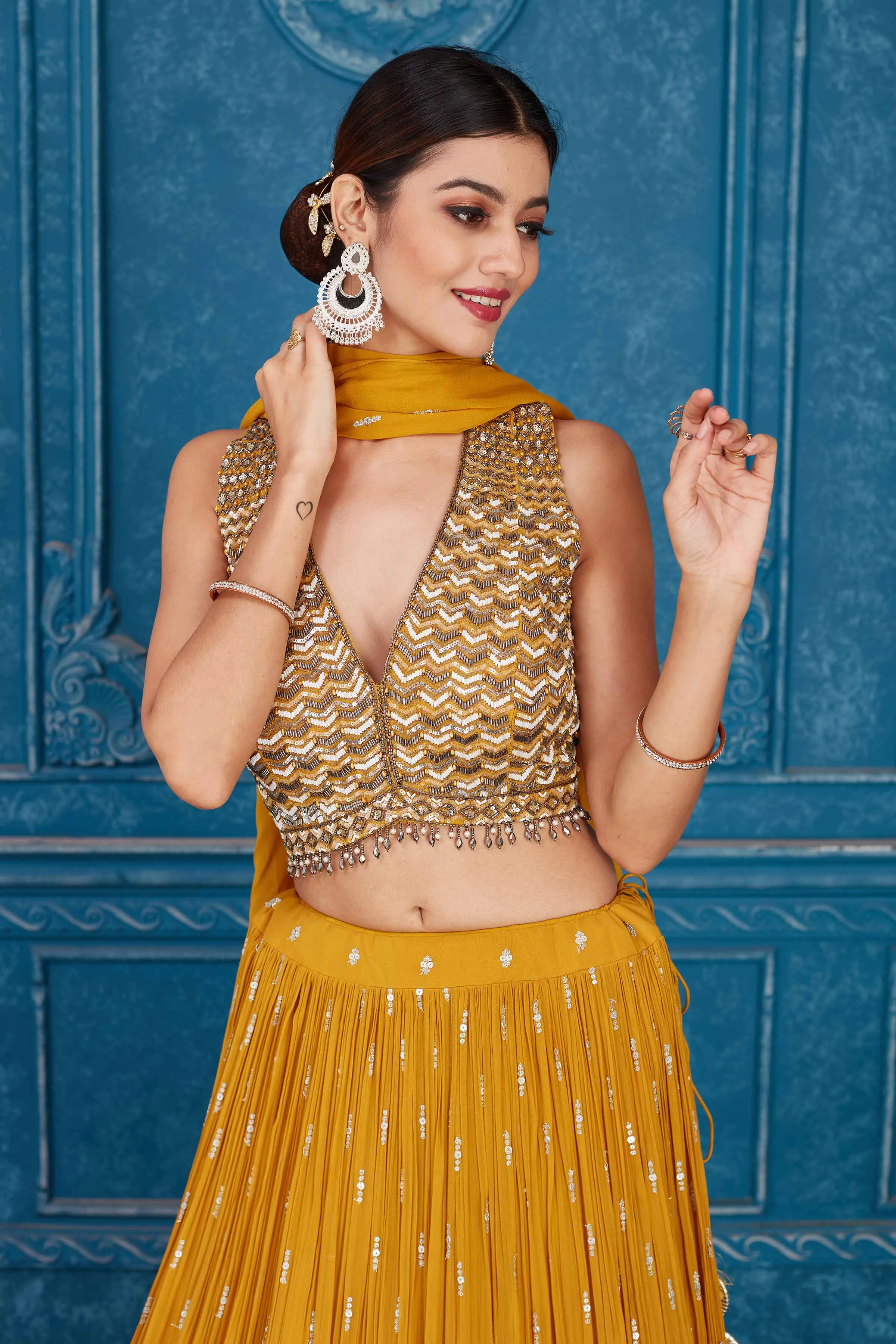 510096 Mustard Embroidered Georgette Lehenga with Dupatta