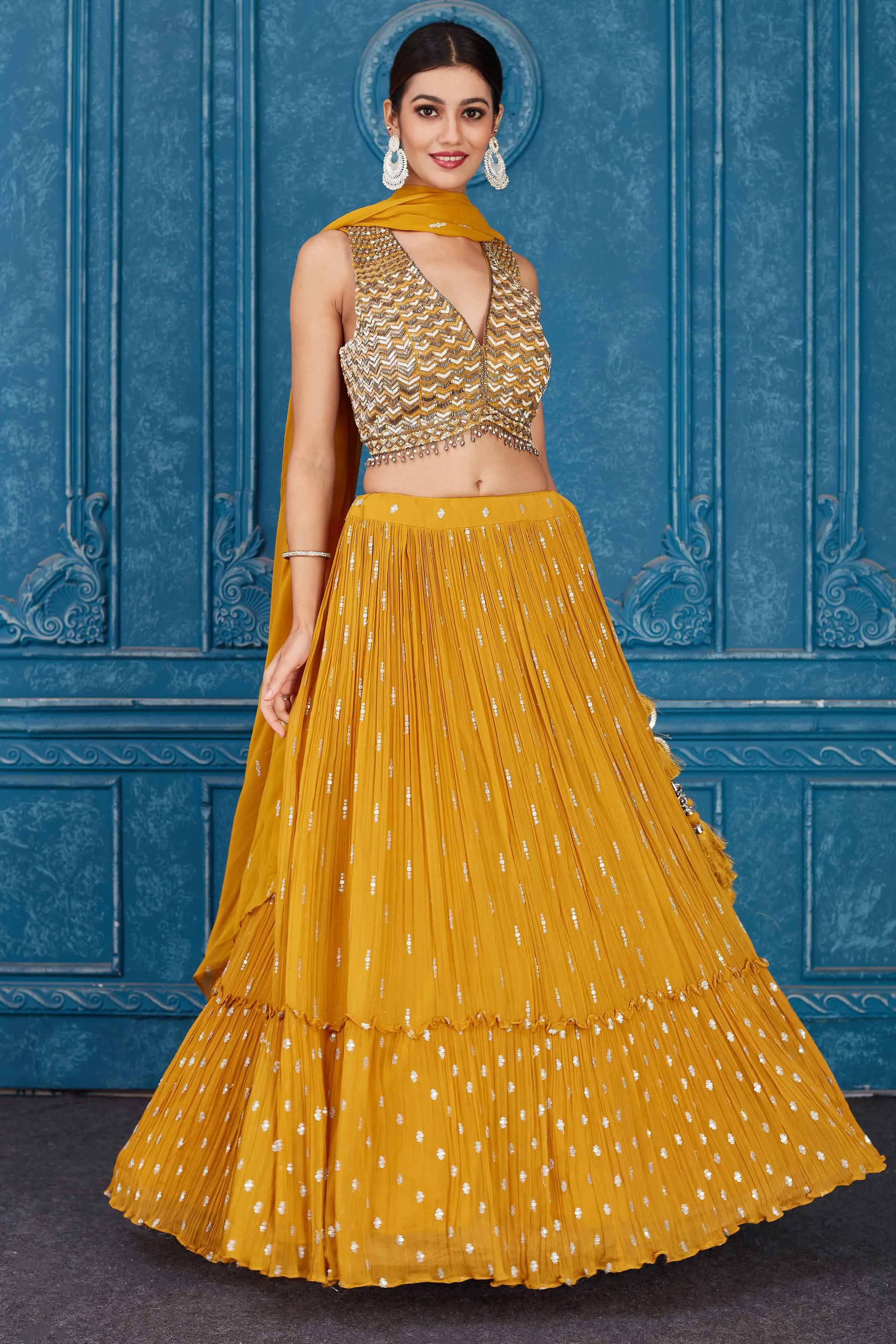 510096 Mustard Embroidered Georgette Lehenga with Dupatta